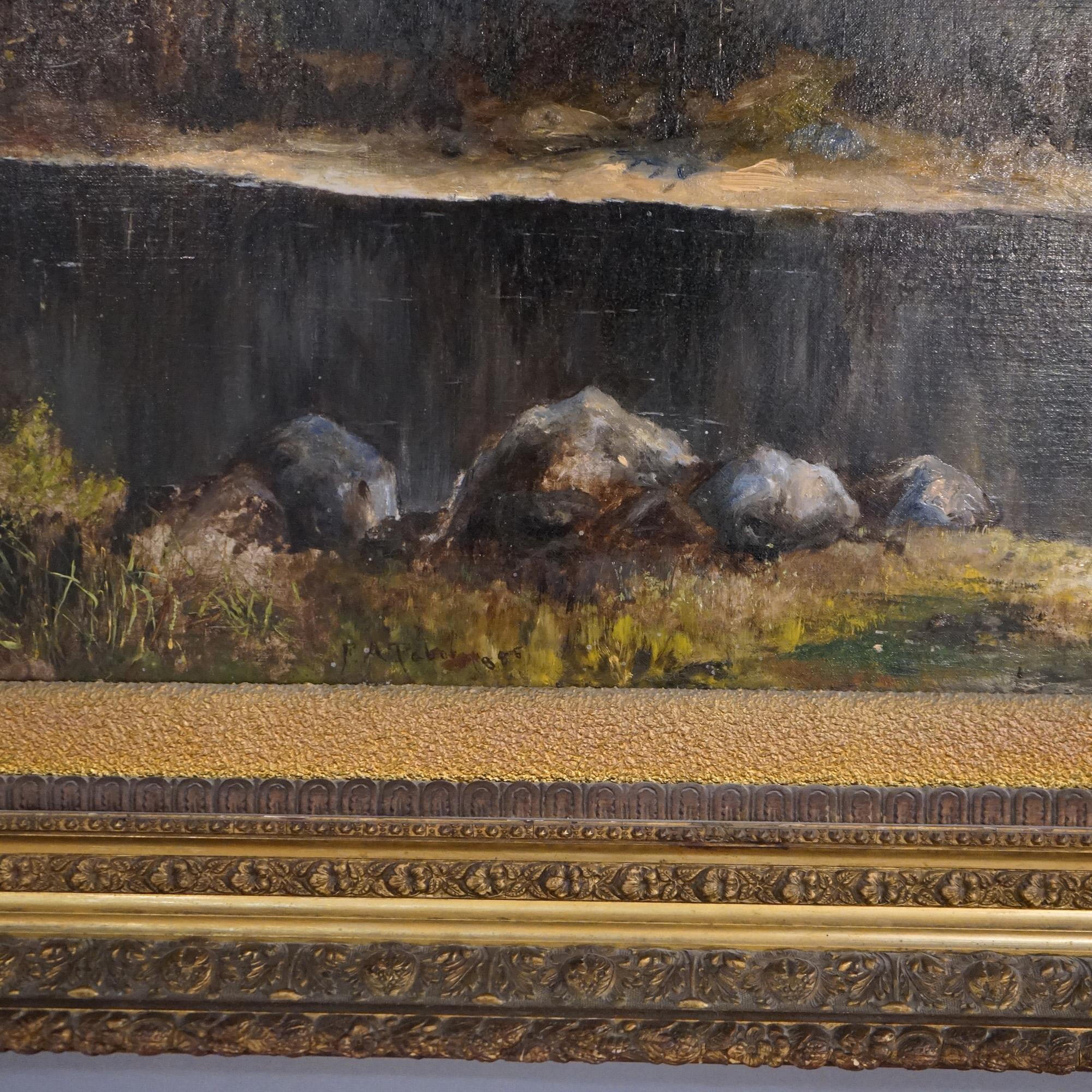 Antique Hudson River School Mountainous Landscape Painting by FA Tabor  C1885 1