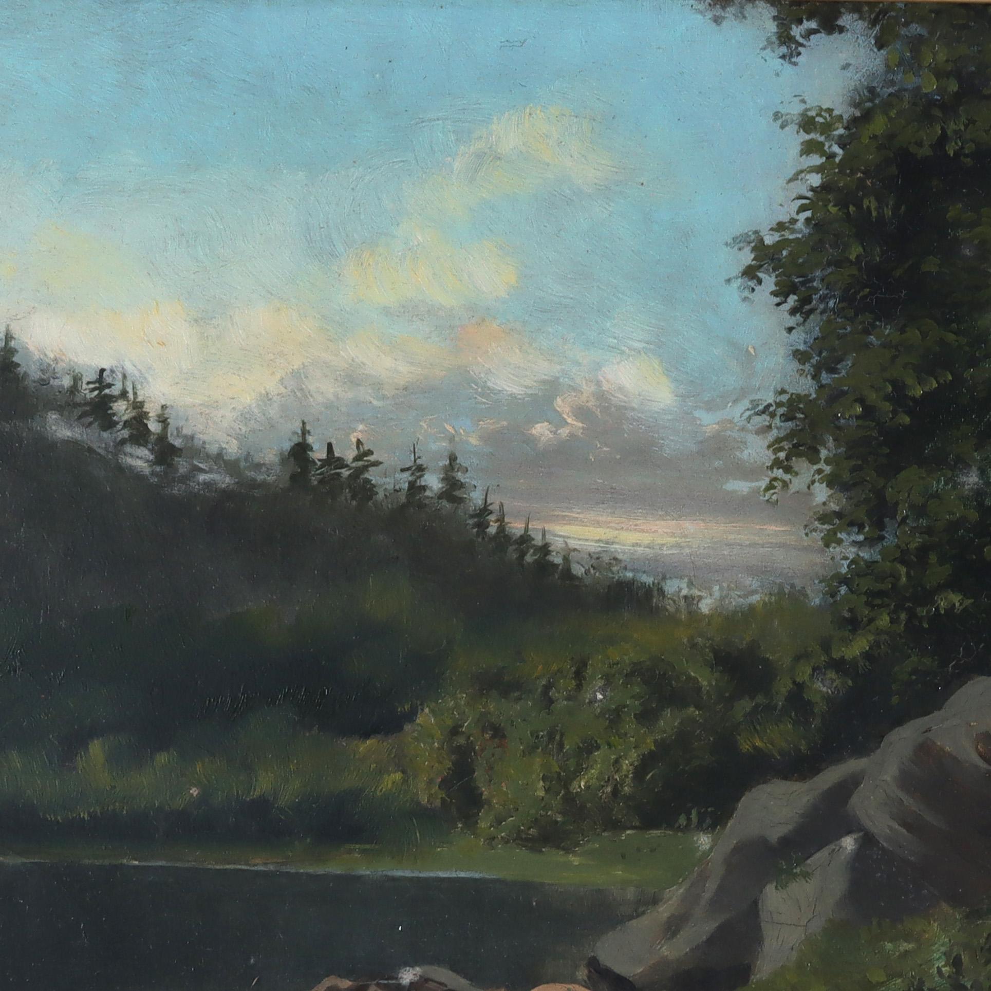 Antike Hudson River School Öl auf Karton Landschaft Gemälde signiert von R. Schilling C1890

Maße - 17 5/8