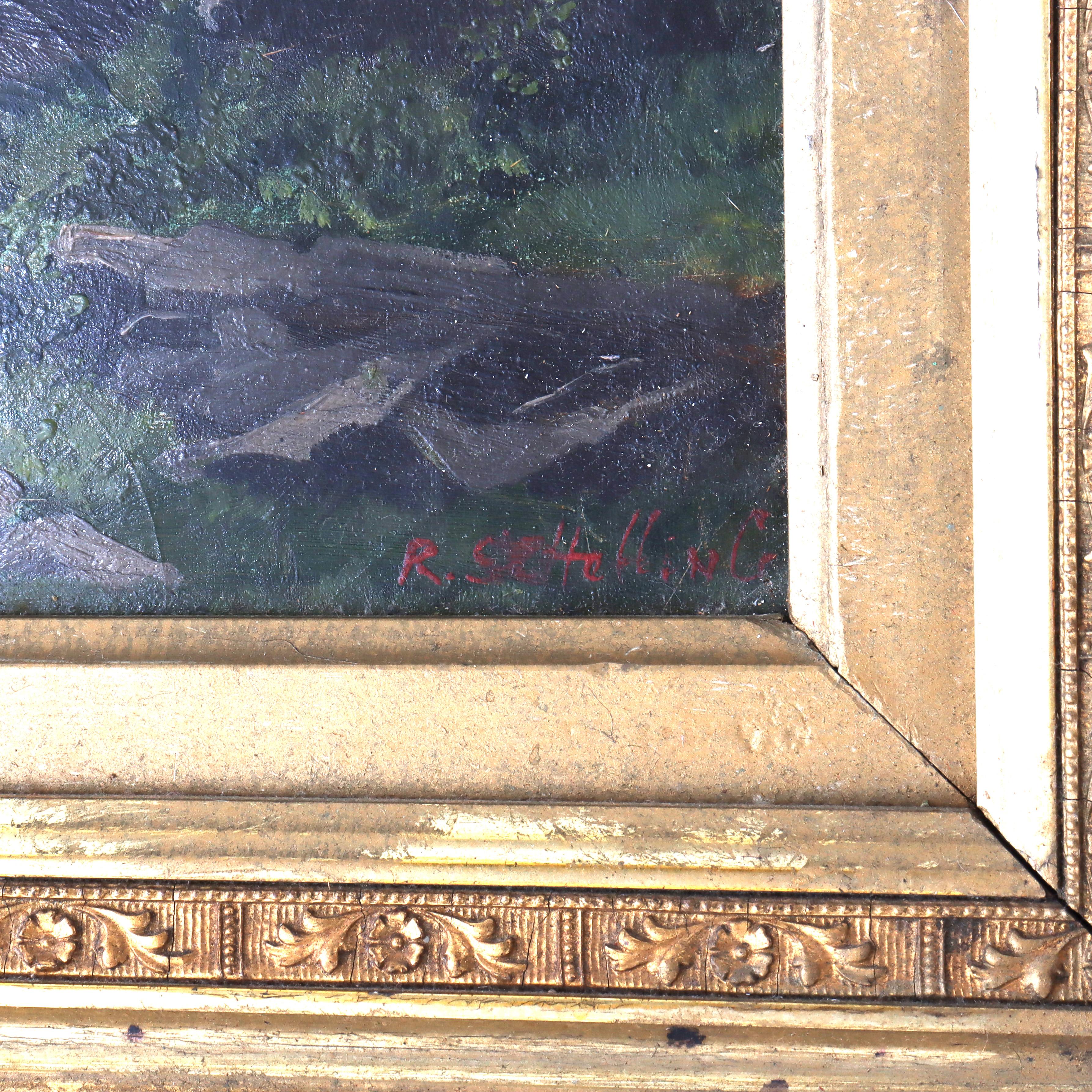 Antike Hudson River School Öl auf Karton Landschaft Gemälde von R Schilling C1890 im Zustand „Gut“ im Angebot in Big Flats, NY