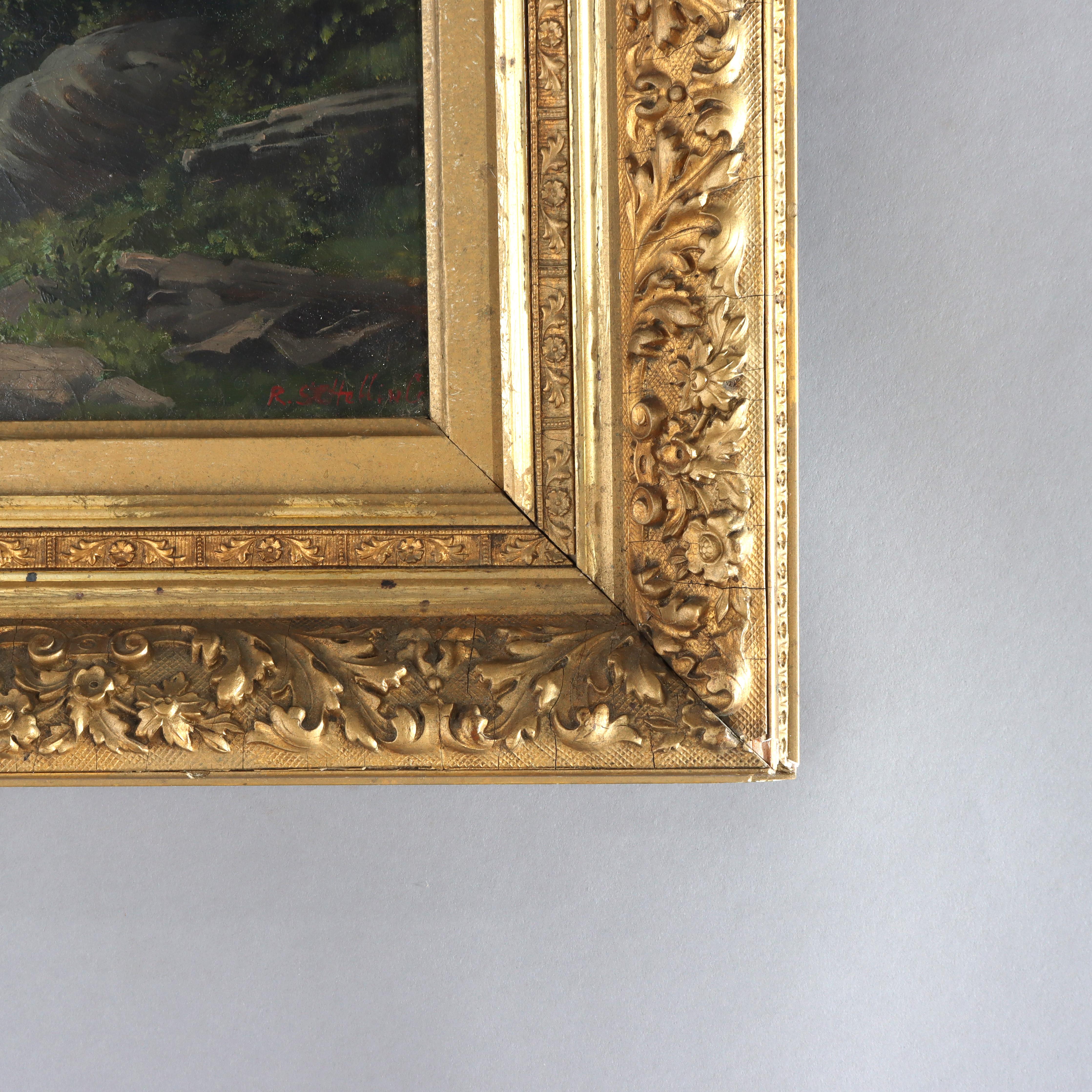 Antike Hudson River School Öl auf Karton Landschaft Gemälde von R Schilling C1890 (19. Jahrhundert) im Angebot