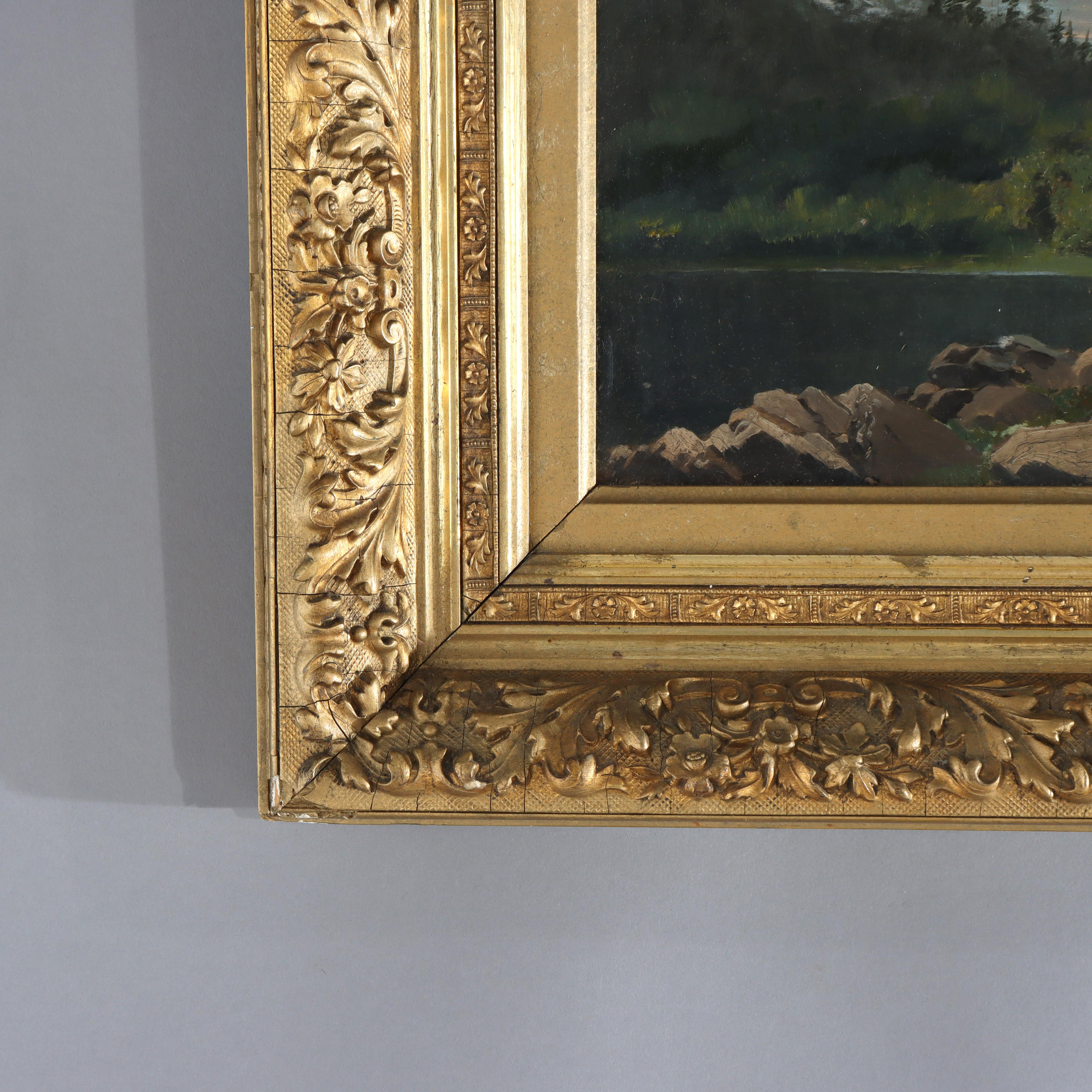 Antike Hudson River School Öl auf Karton Landschaft Gemälde von R Schilling C1890 (Holz) im Angebot