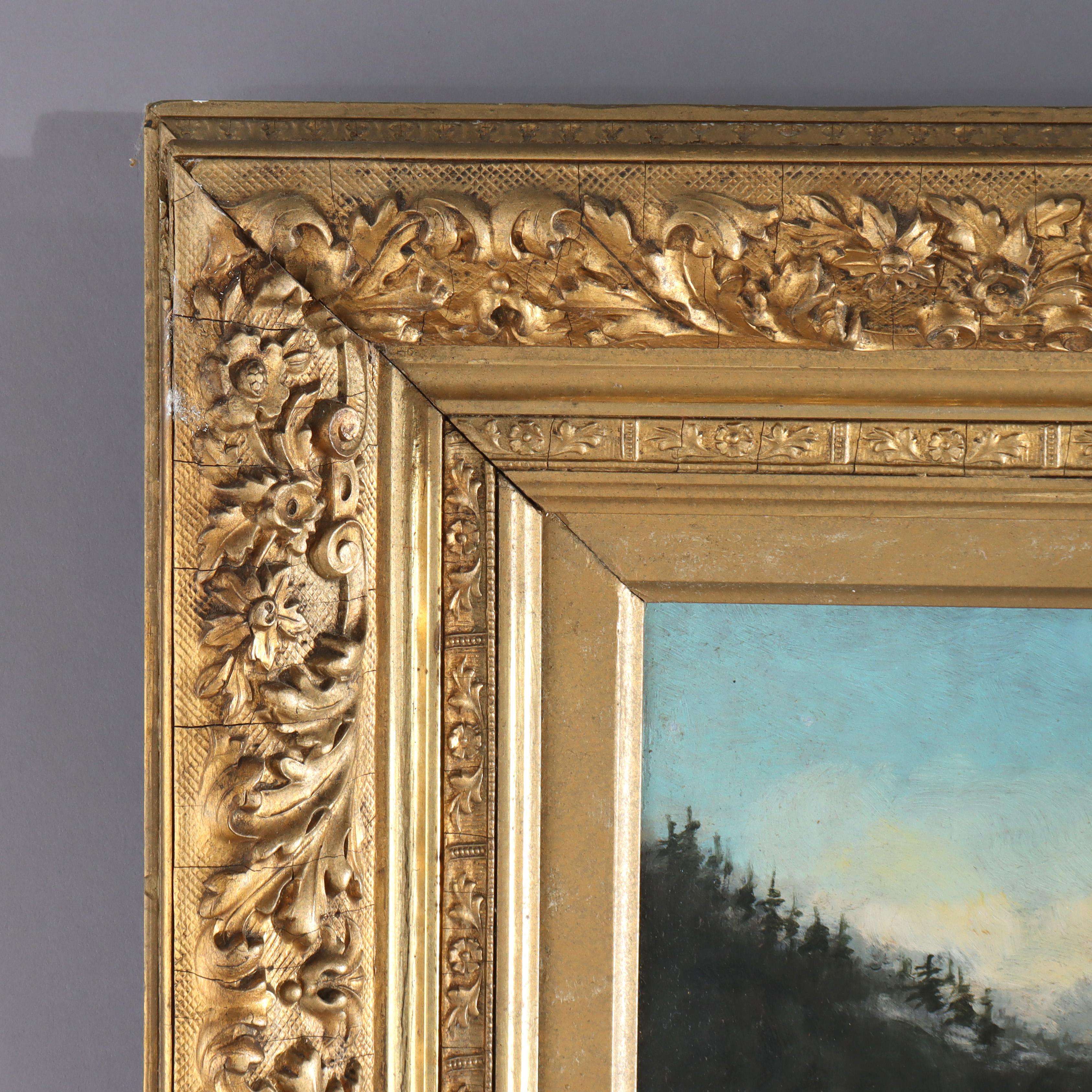 Antike Hudson River School Öl auf Karton Landschaft Gemälde von R Schilling C1890 im Angebot 1