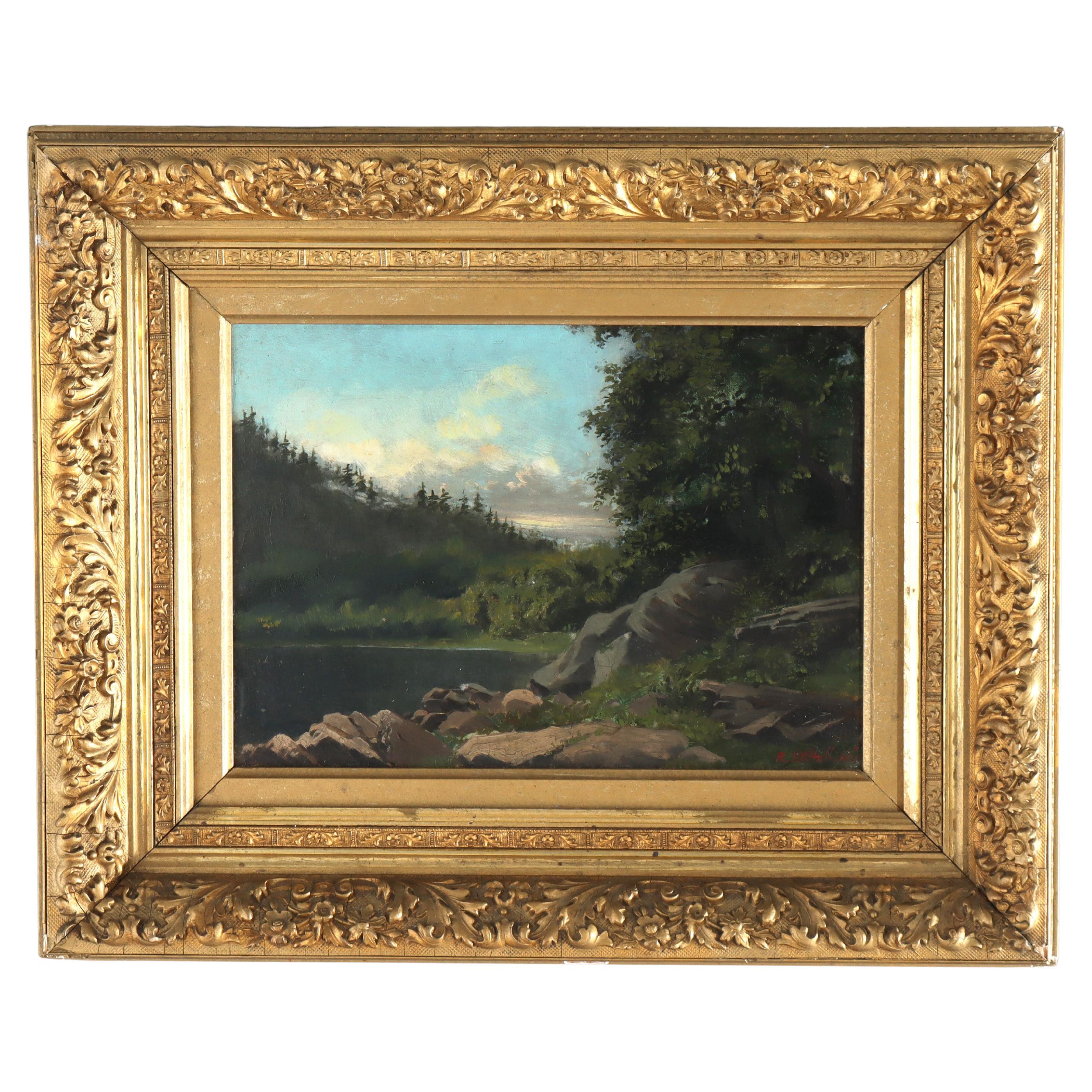 Ancienne peinture de paysage à l
huile sur carton de l
école de la rivière Hudson par R Schilling C1890