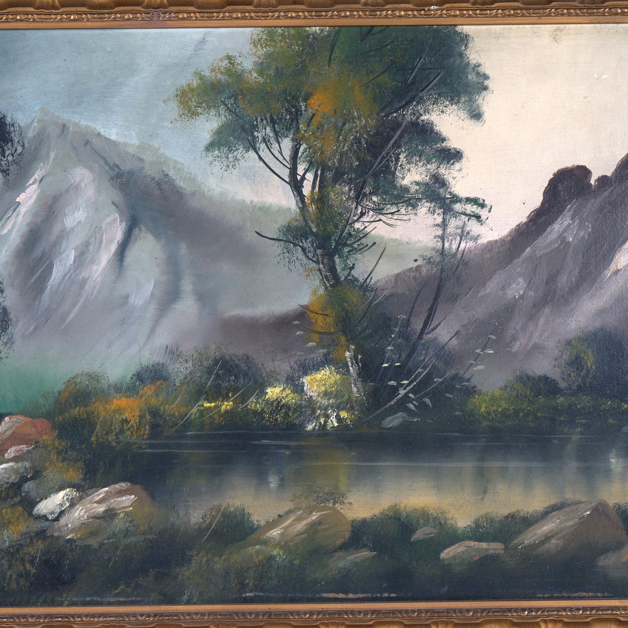 Antique Hudson River School Oil on Board Mountainous Landscape Painting with County Road. Framed and Signed Lower Right, C1910.

Measures - 19.5