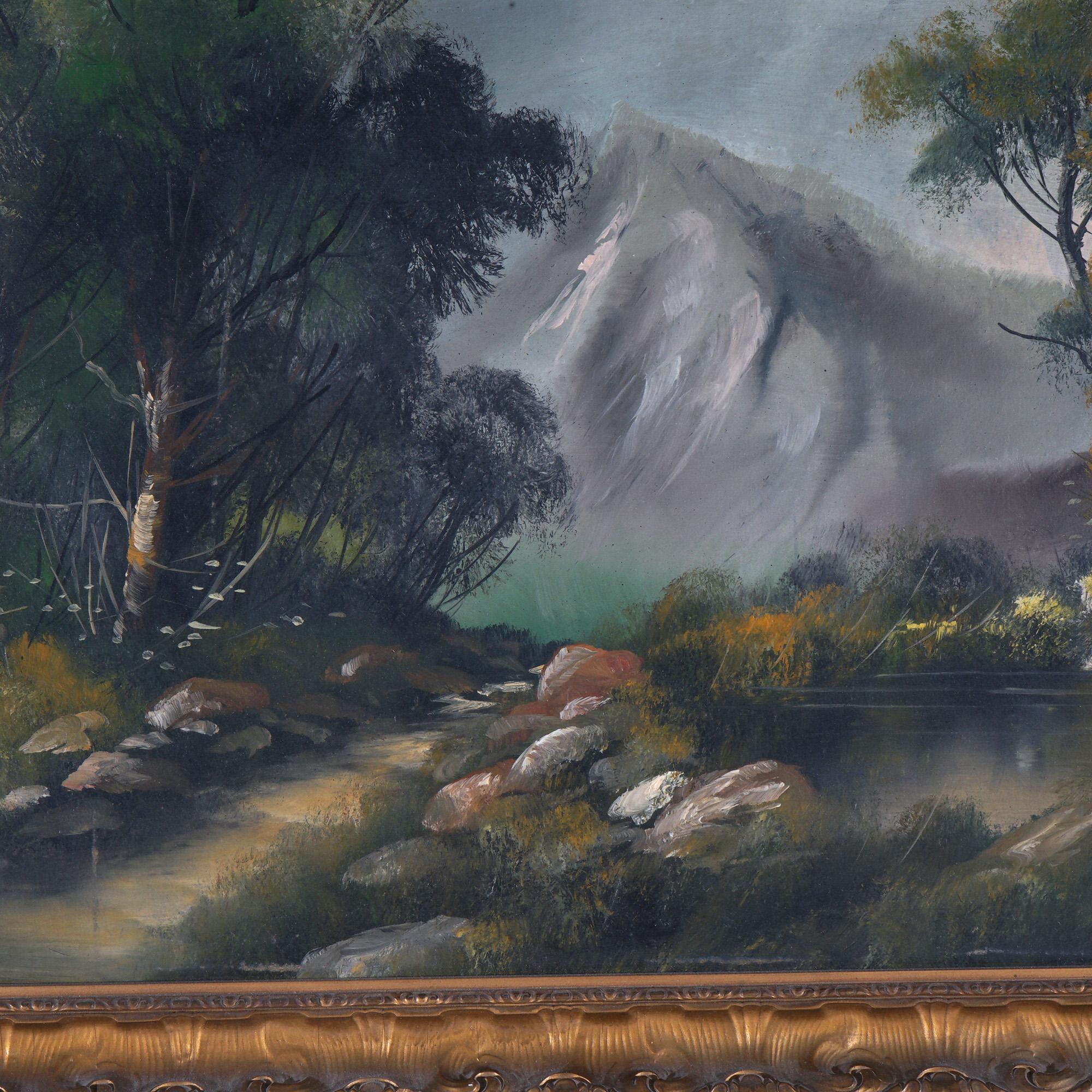 Antique Hudson River School Oil on Board Mountainous Landscape Painting C1910 In Good Condition In Big Flats, NY