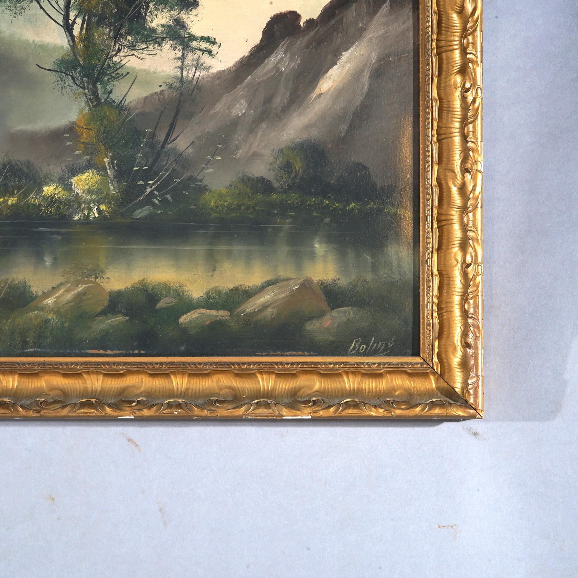 20th Century Antique Hudson River School Oil on Board Mountainous Landscape Painting C1910