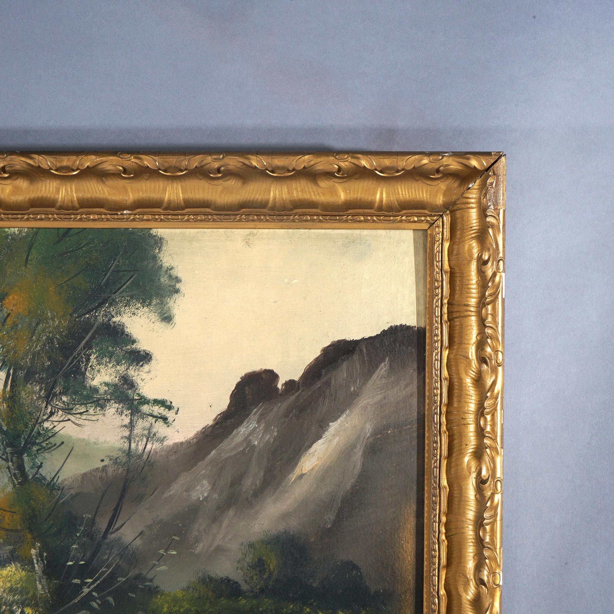 Wood Antique Hudson River School Oil on Board Mountainous Landscape Painting C1910