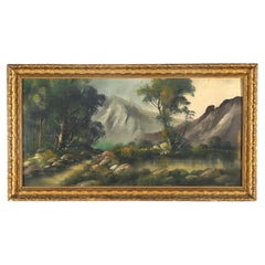 Antique Hudson River School Oil on Board Mountainous Landscape Painting C1910