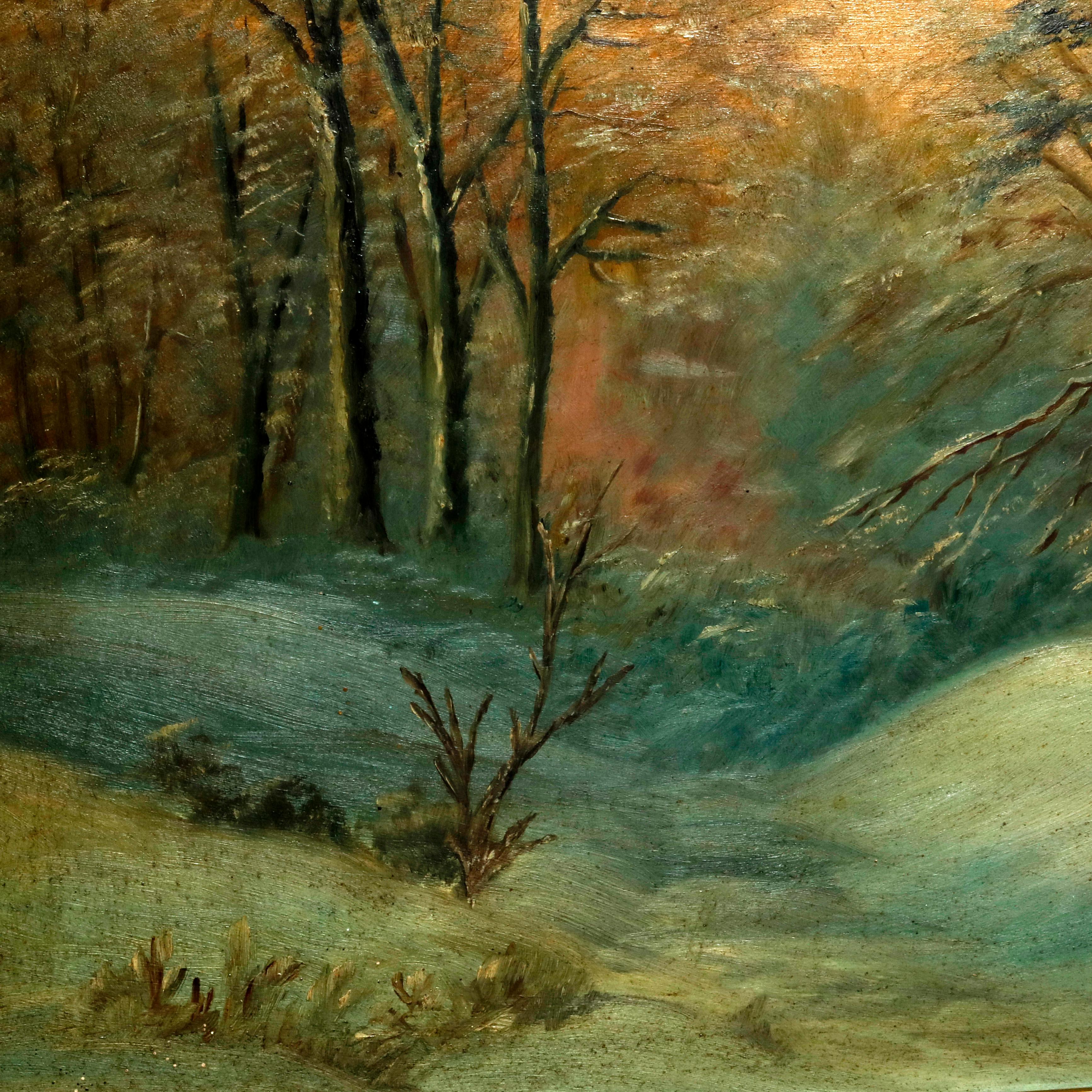 American Antique Hudson River School Oil on Board Painting, Winter Scene with Deer, c1890
