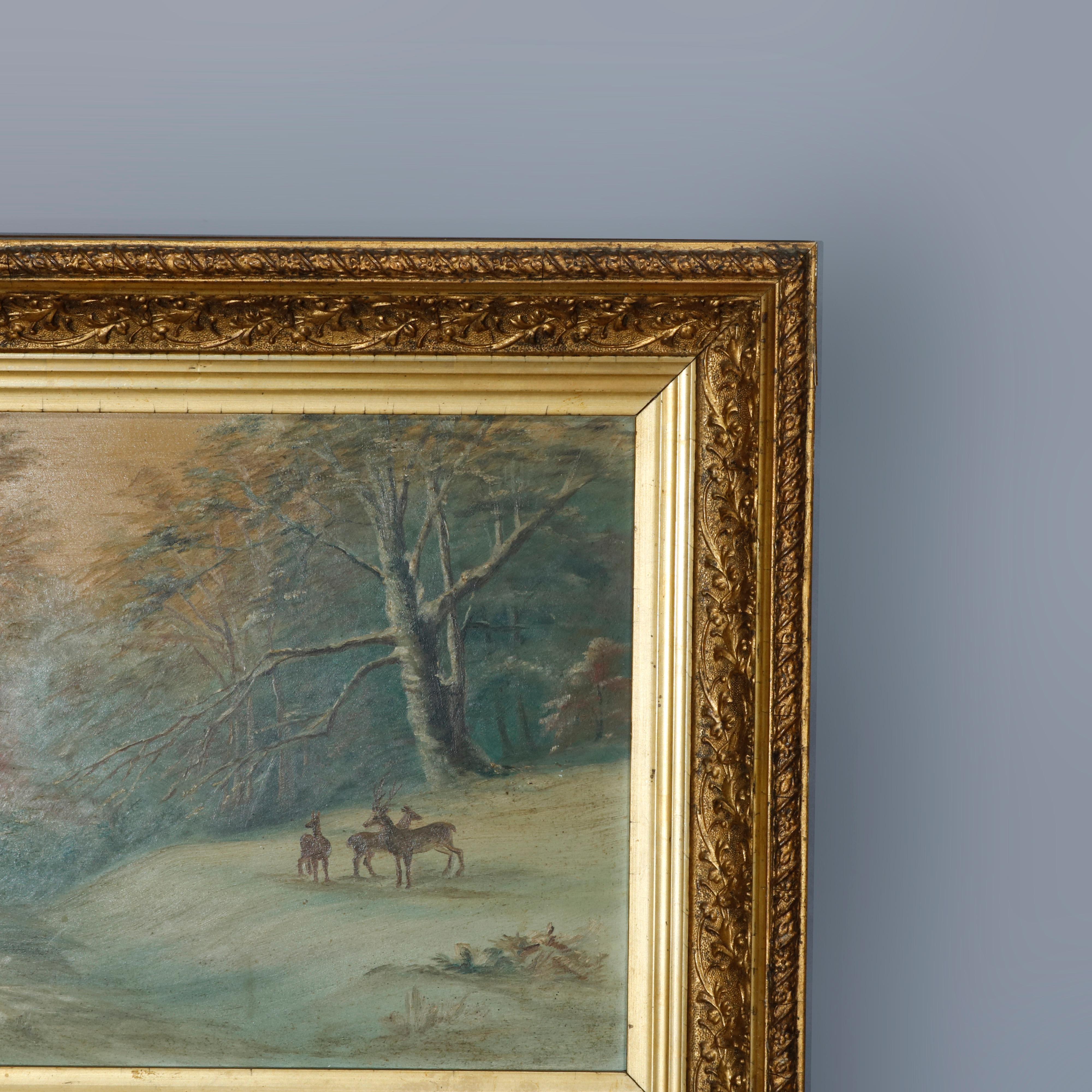 Antique Hudson River School Oil on Board Painting, Winter Scene with Deer, c1890 In Good Condition In Big Flats, NY