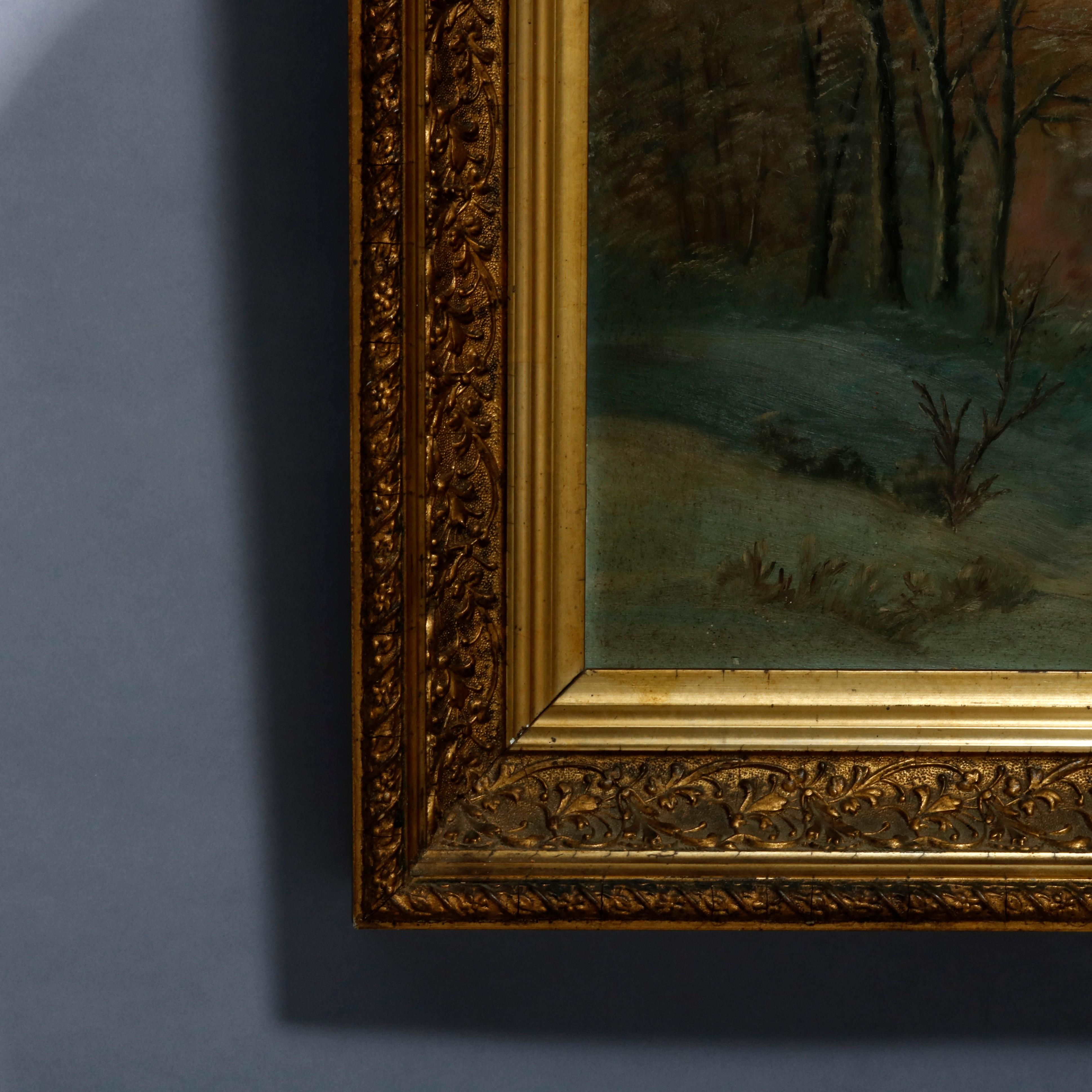 19th Century Antique Hudson River School Oil on Board Painting, Winter Scene with Deer, c1890