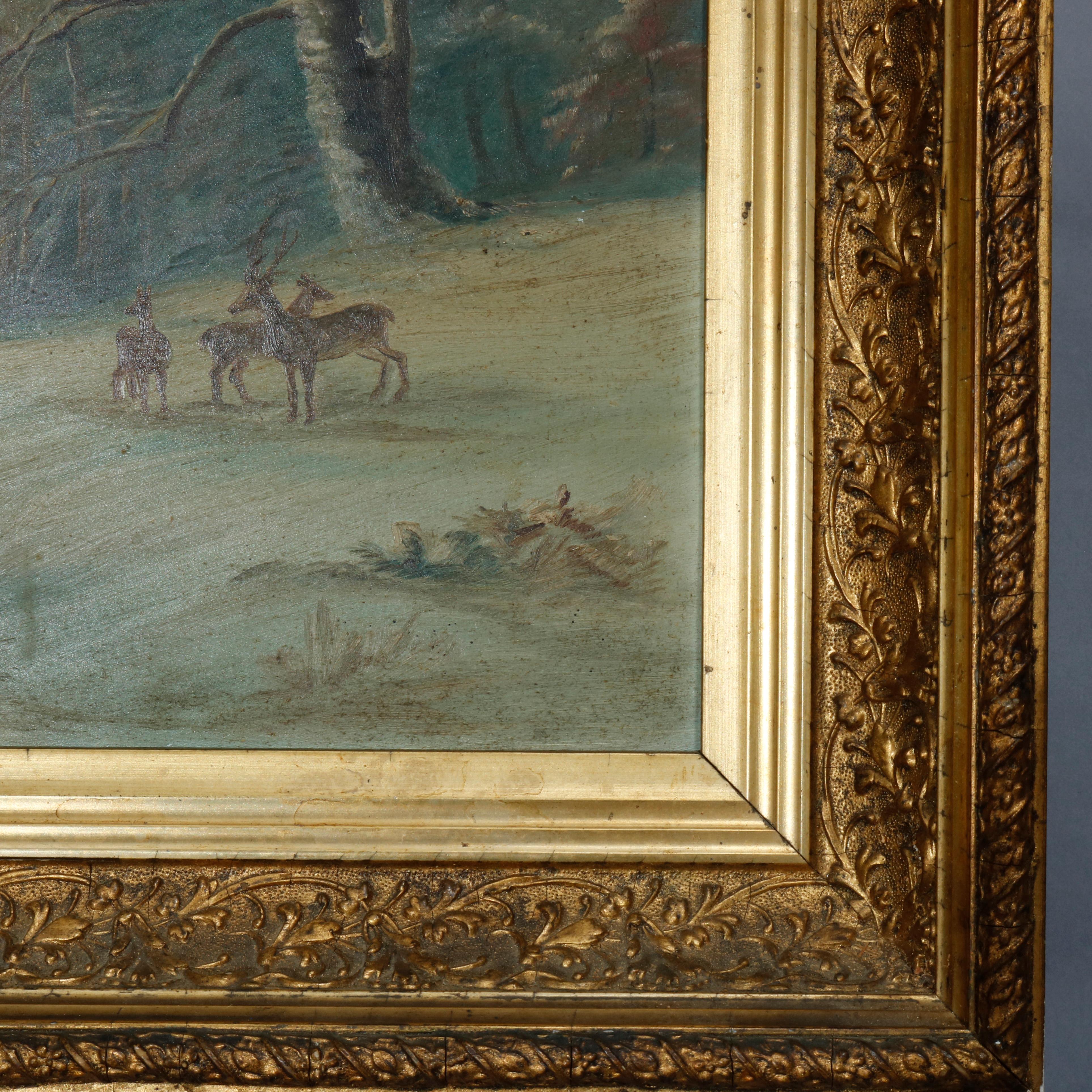 Giltwood Antique Hudson River School Oil on Board Painting, Winter Scene with Deer, c1890