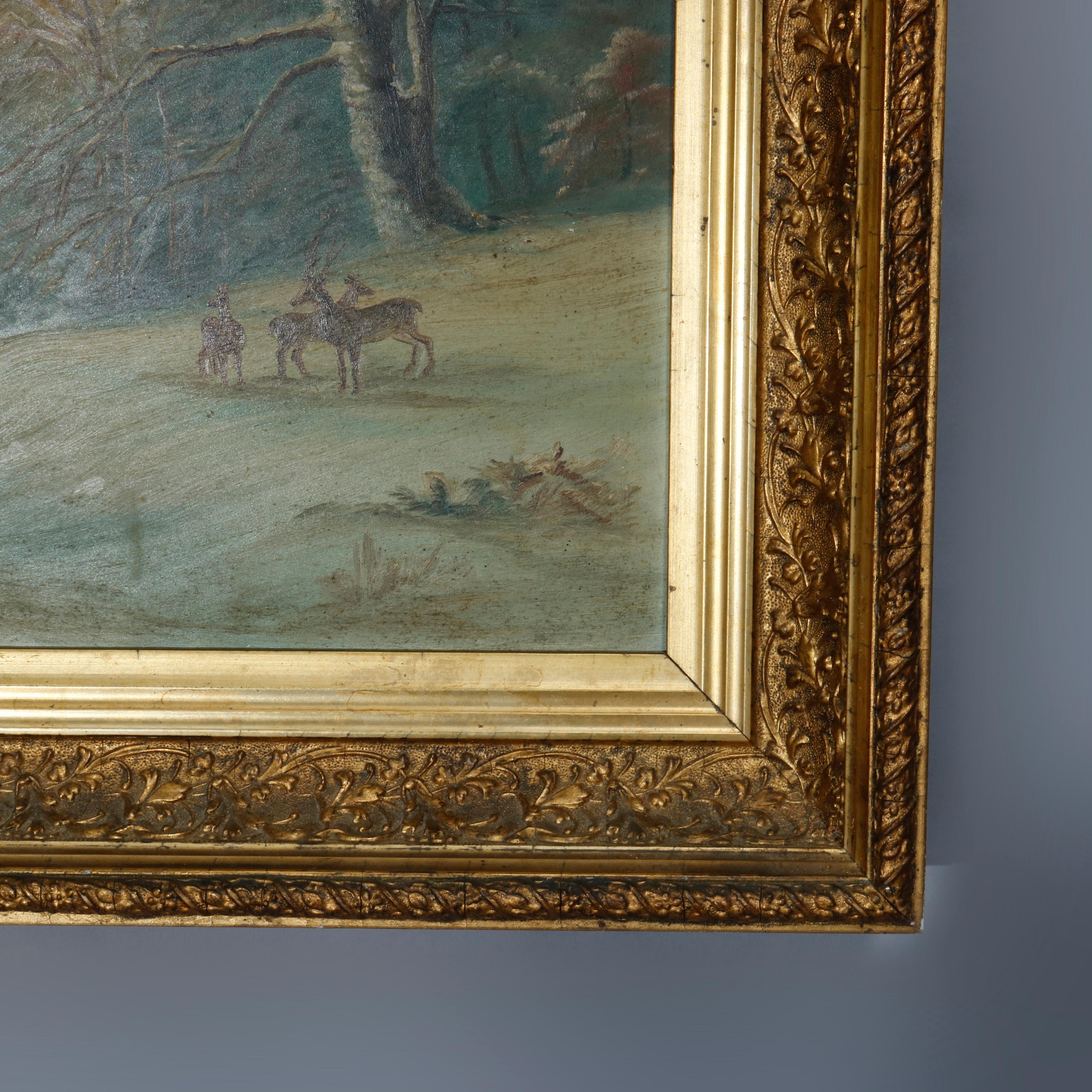 Antique Hudson River School Oil on Board Painting, Winter Scene with Deer, c1890 1