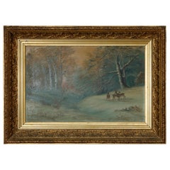 Antique Hudson River School Oil on Board Painting, Winter Scene with Deer, c1890