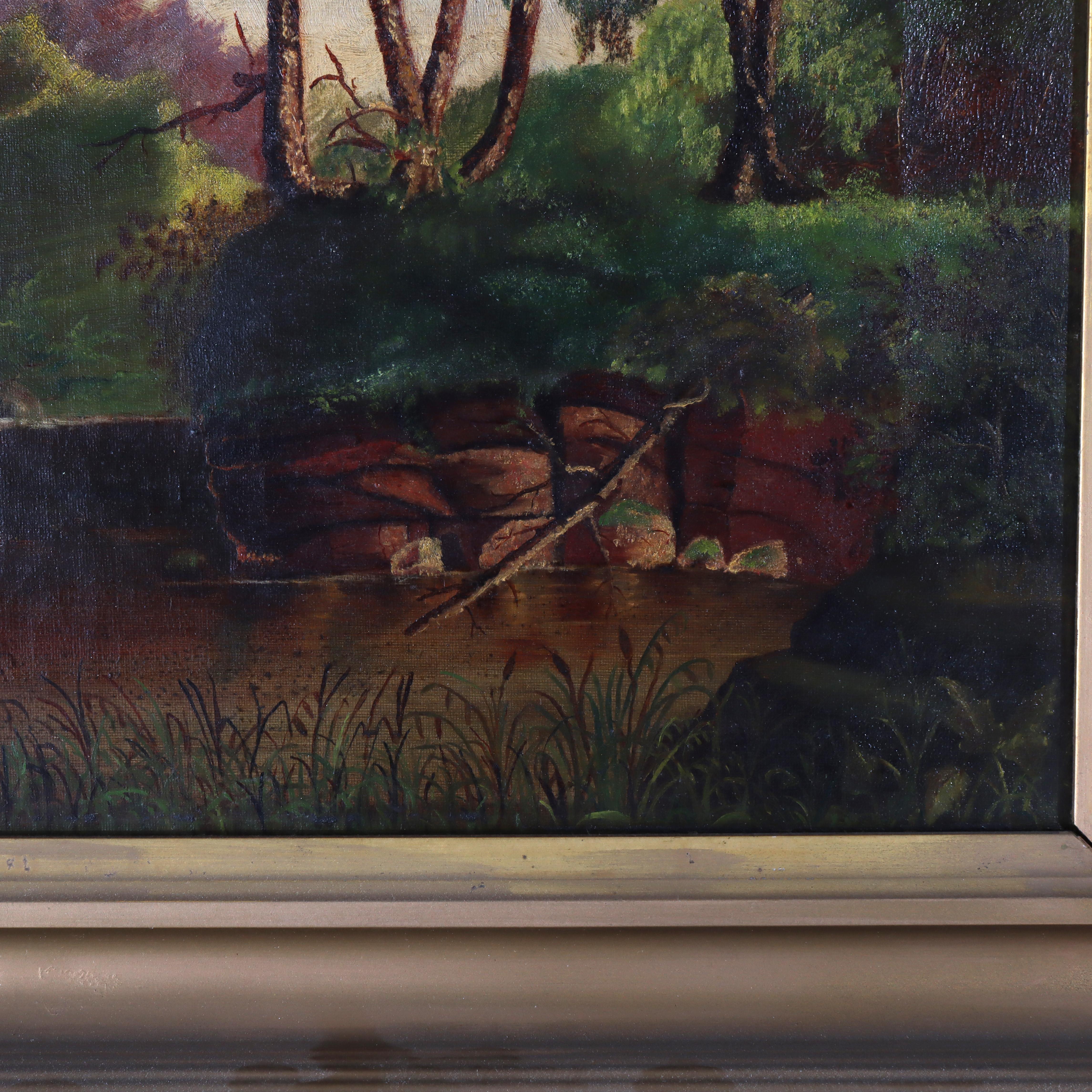 Antike Hudson River School Öl auf Leinwand Landschaft Gemälde unsigned C1900

Maße - 20 5/8