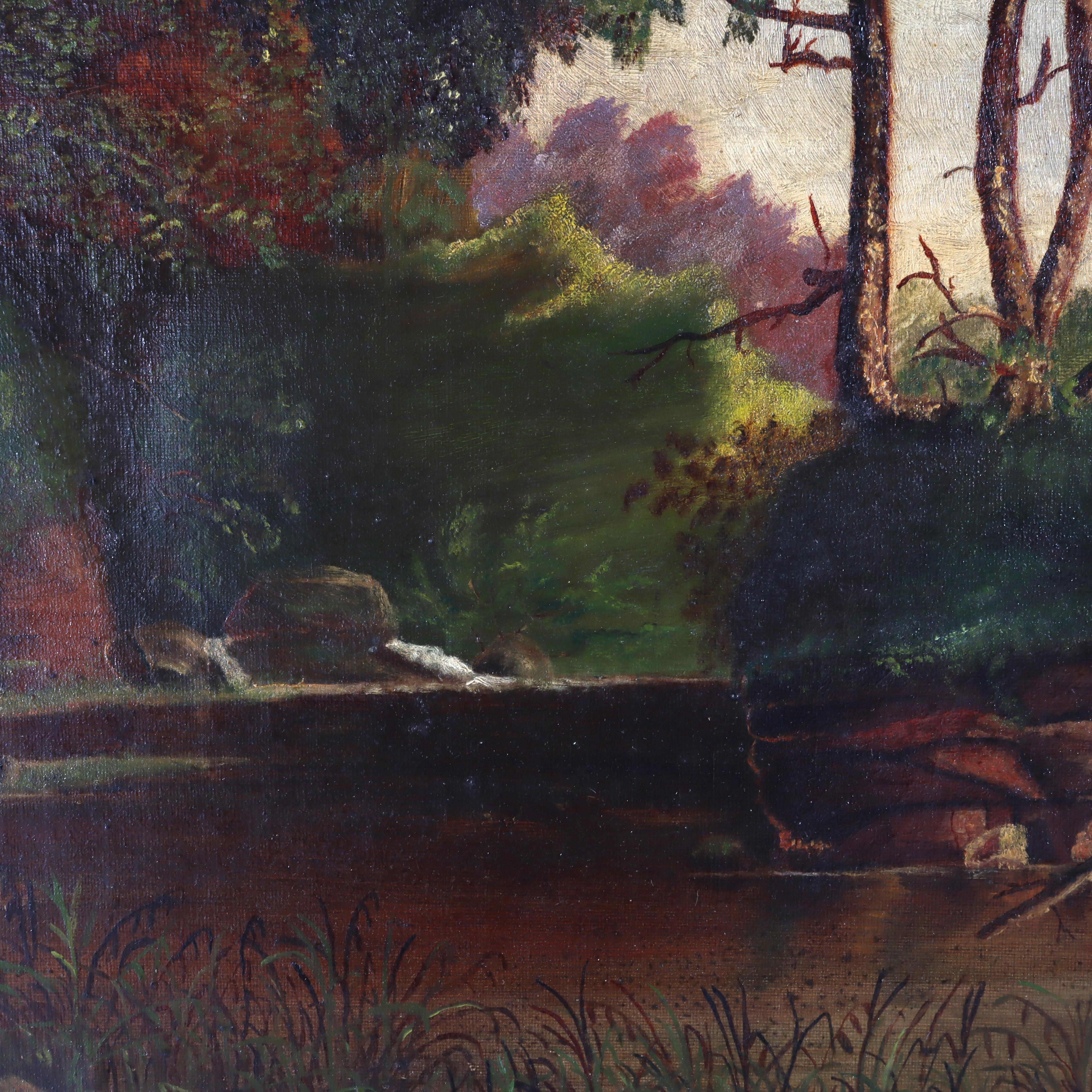 Antike Hudson River School Öl auf Leinwand Landschaftsgemälde c1900 im Zustand „Gut“ im Angebot in Big Flats, NY