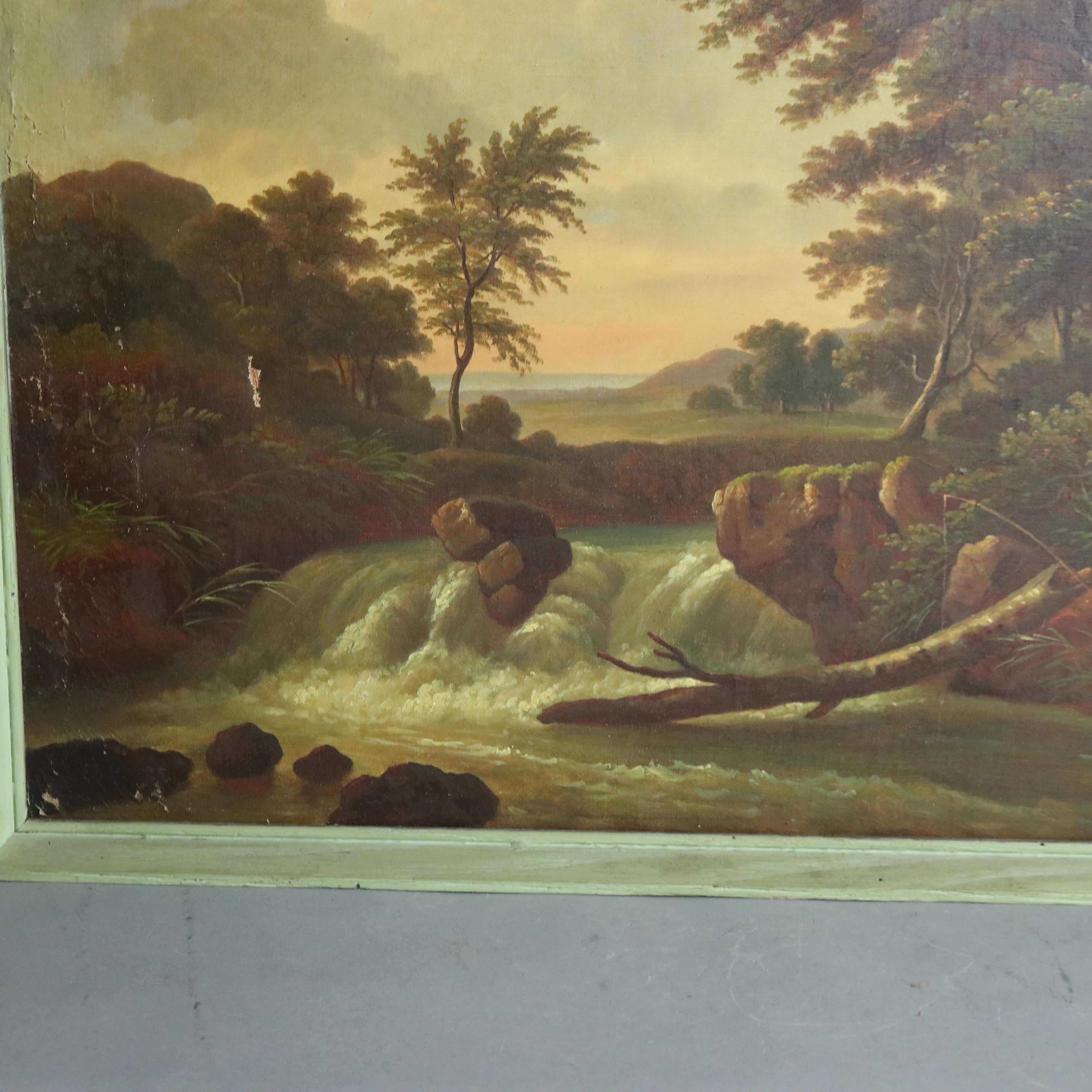 Antique Hudson River School Oil on Canvas Landscape Painting of Fisherman c1890 In Good Condition In Big Flats, NY