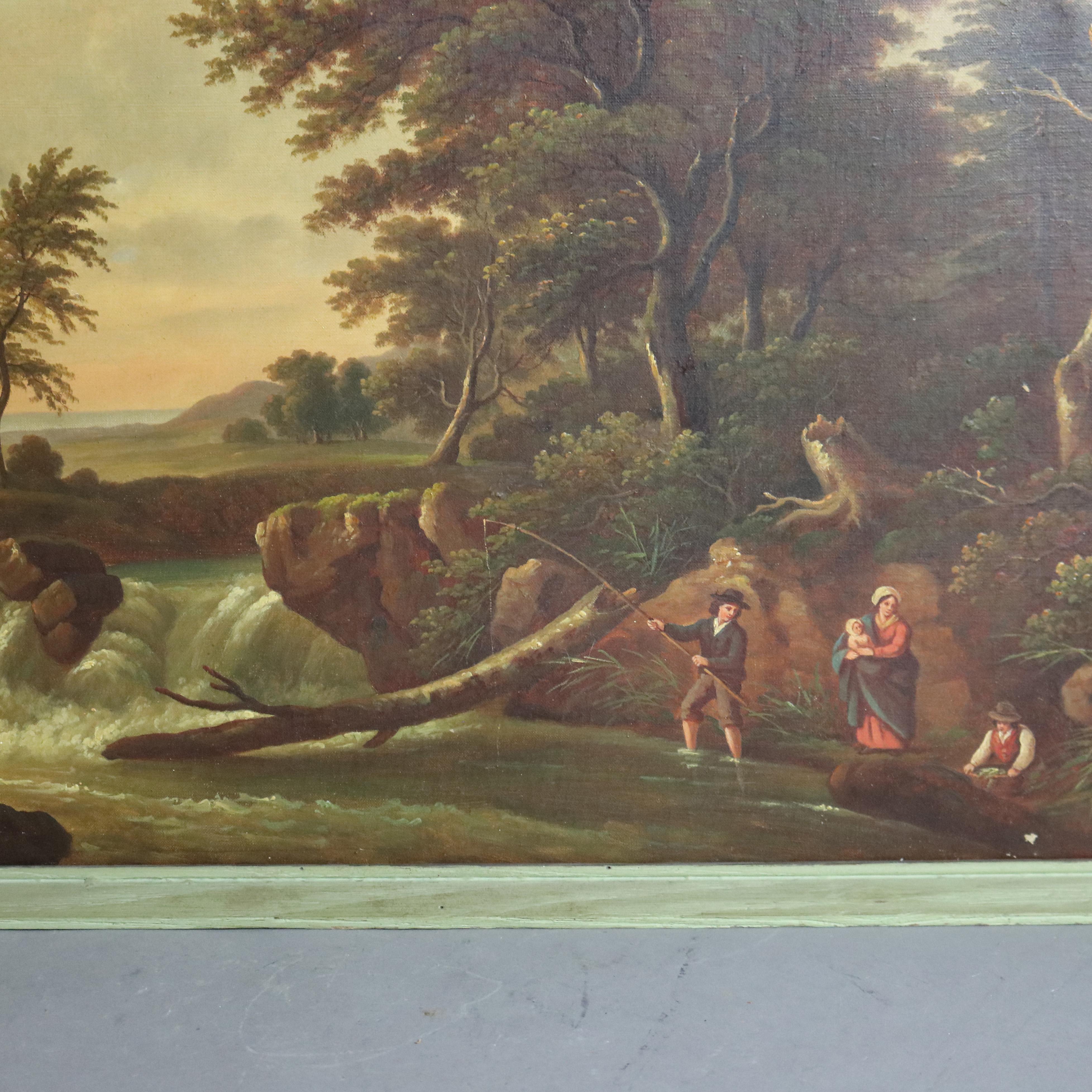19th Century Antique Hudson River School Oil on Canvas Landscape Painting of Fisherman c1890