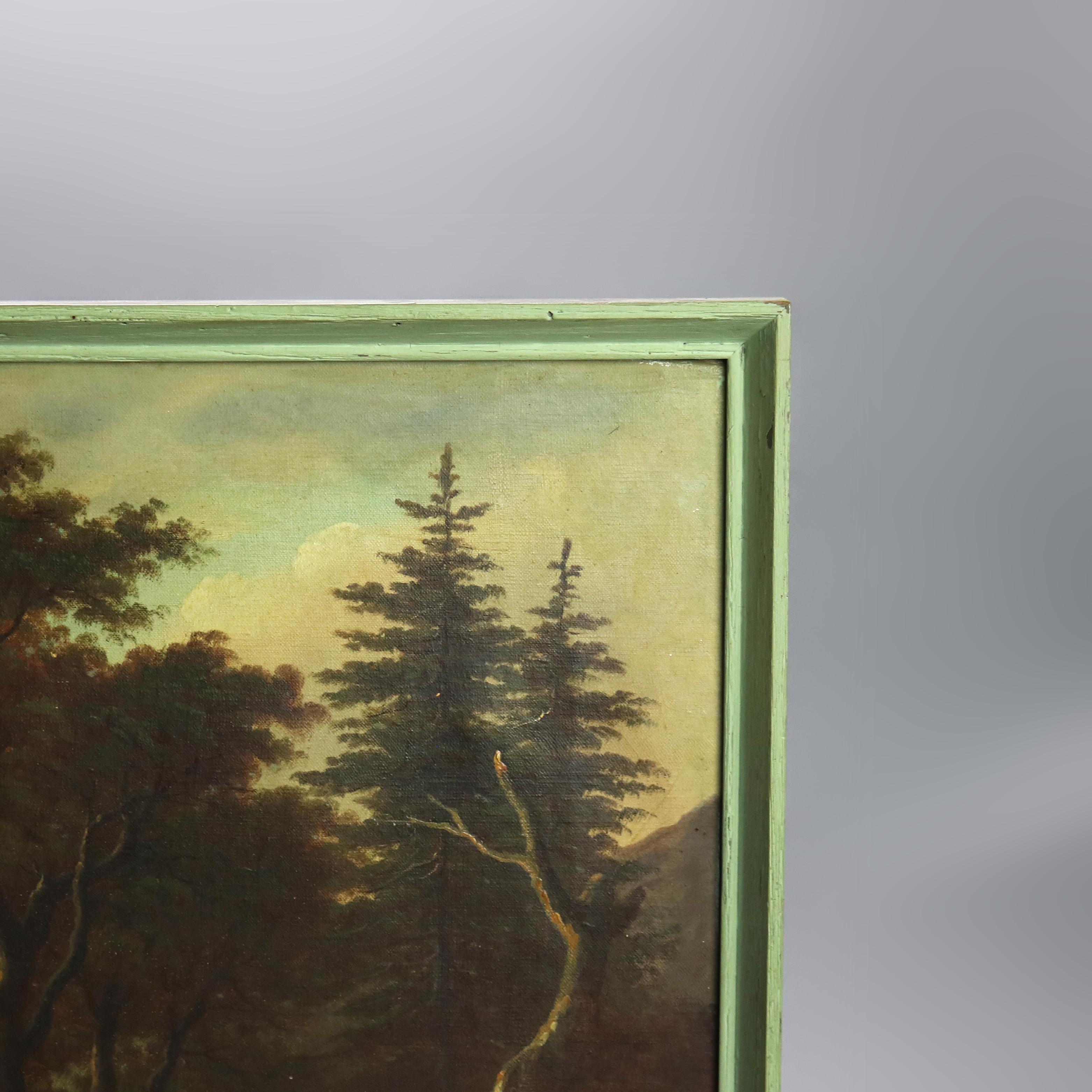 Antique Hudson River School Oil on Canvas Landscape Painting of Fisherman c1890 2