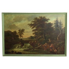 Antique Hudson River School Oil on Canvas Landscape Painting of Fisherman c1890