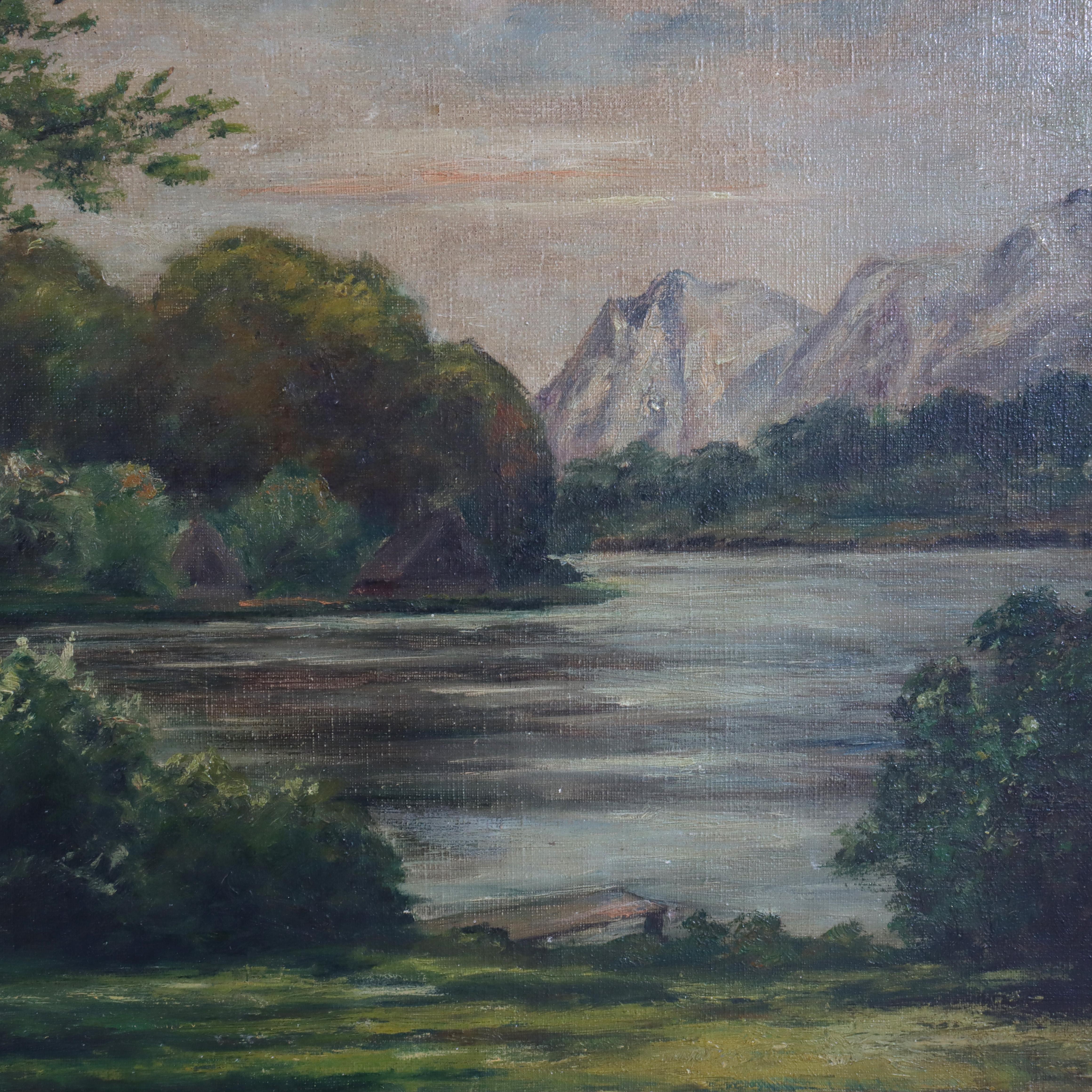 20ième siècle Huile sur toile ancienne de l'école de la rivière Hudson Paysage signé C1900 en vente
