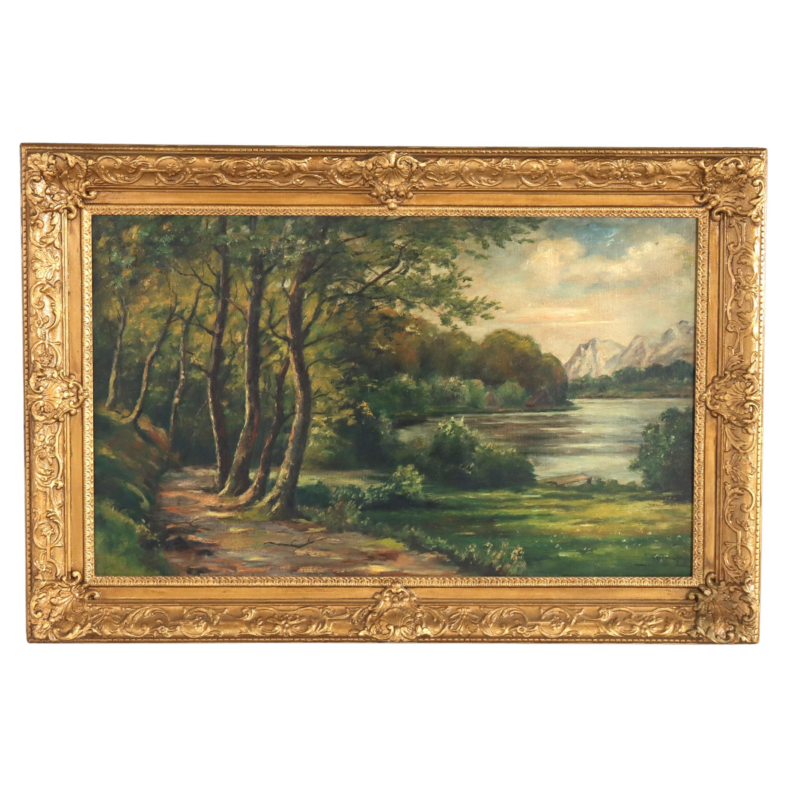 Antique Hudson River School Oil On Canvas Landscape Signed C1900