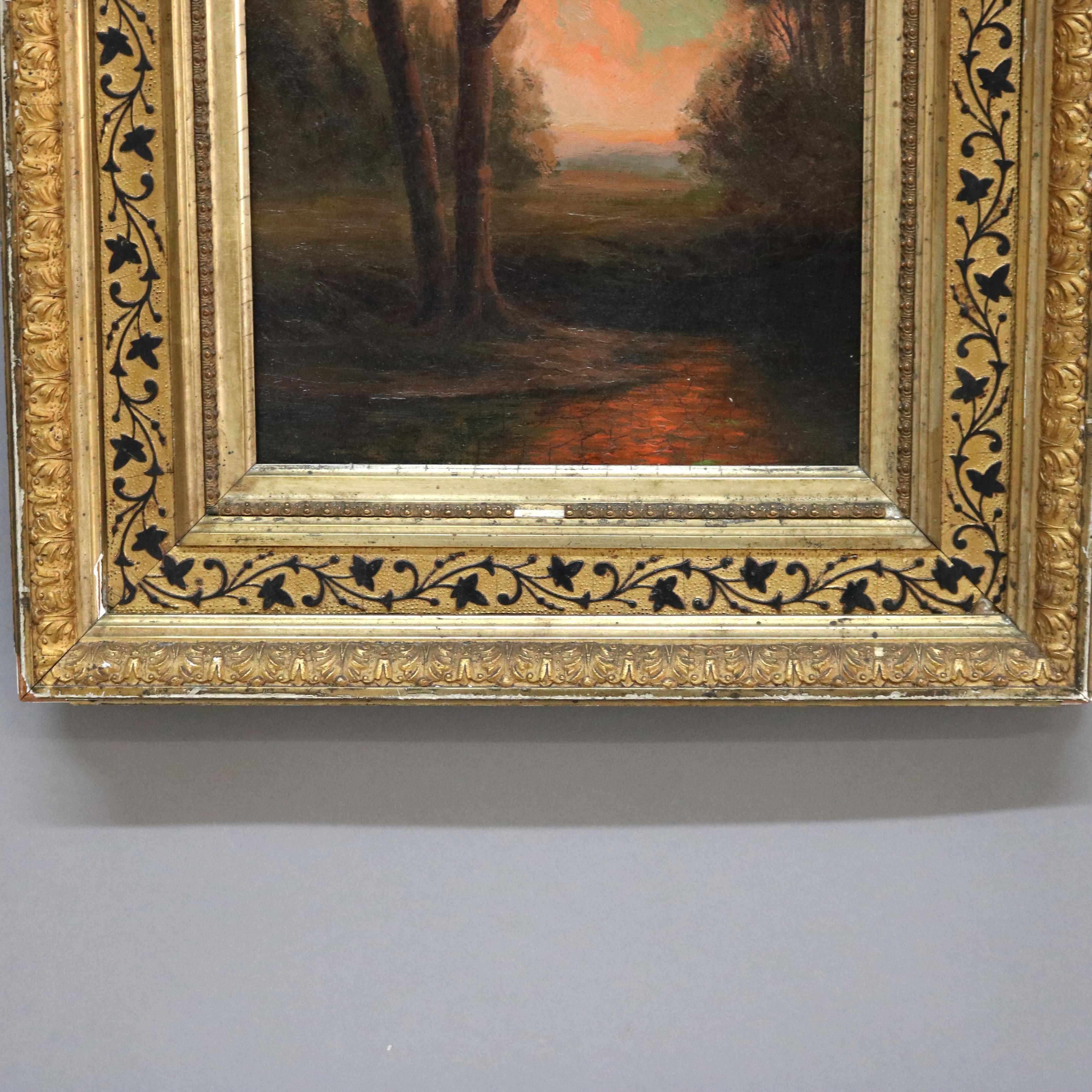 XIX secolo Antico paesaggio su tela della Scuola del fiume Hudson con fiume C1890
