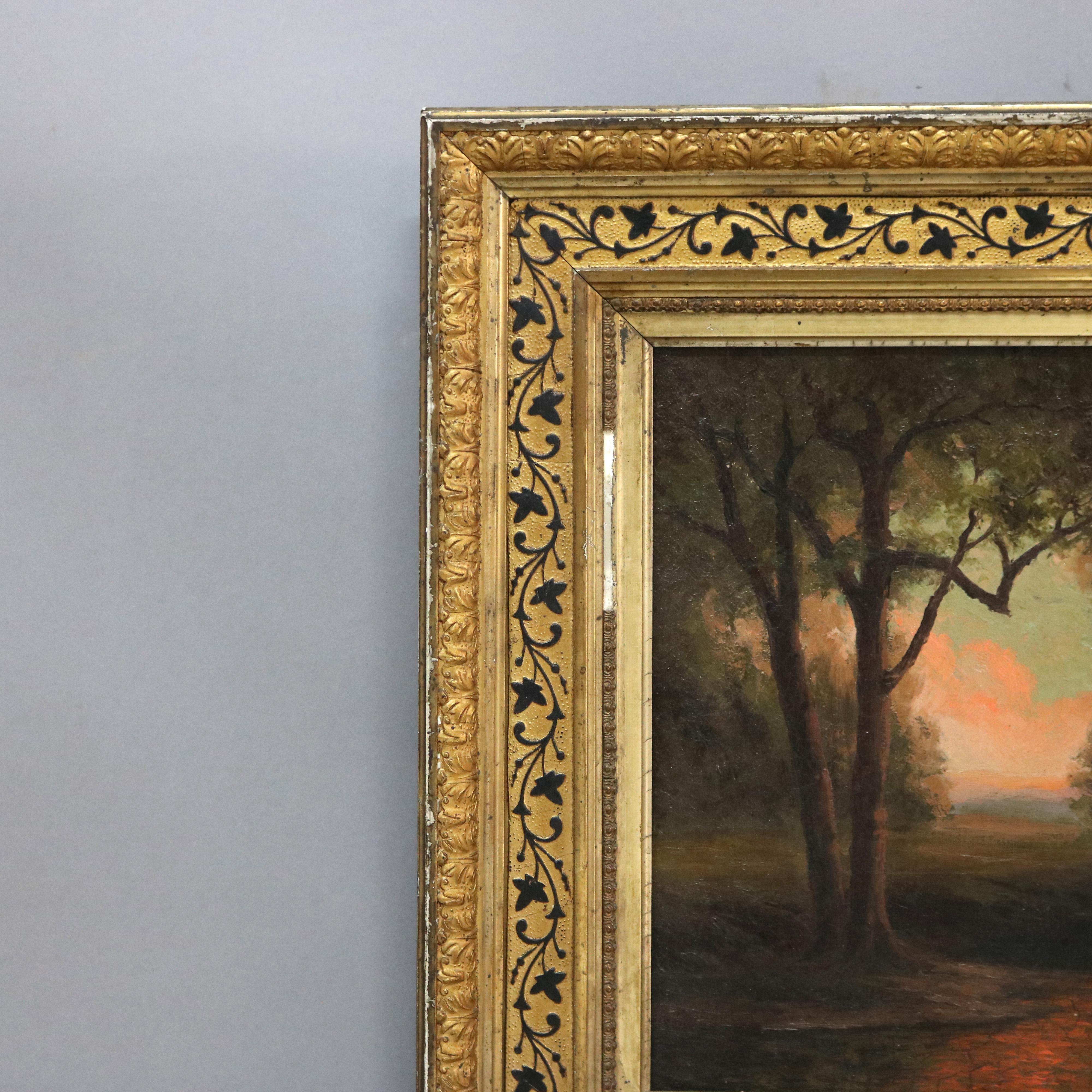 Antico paesaggio su tela della Scuola del fiume Hudson con fiume C1890 1
