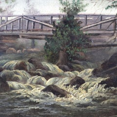 Antique Hudson River School Oil On Canvas Painting Of A Mill Scene c1890