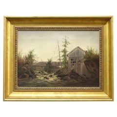 Antique Hudson River School Oil On Canvas Painting Of A Mill Scene c1890