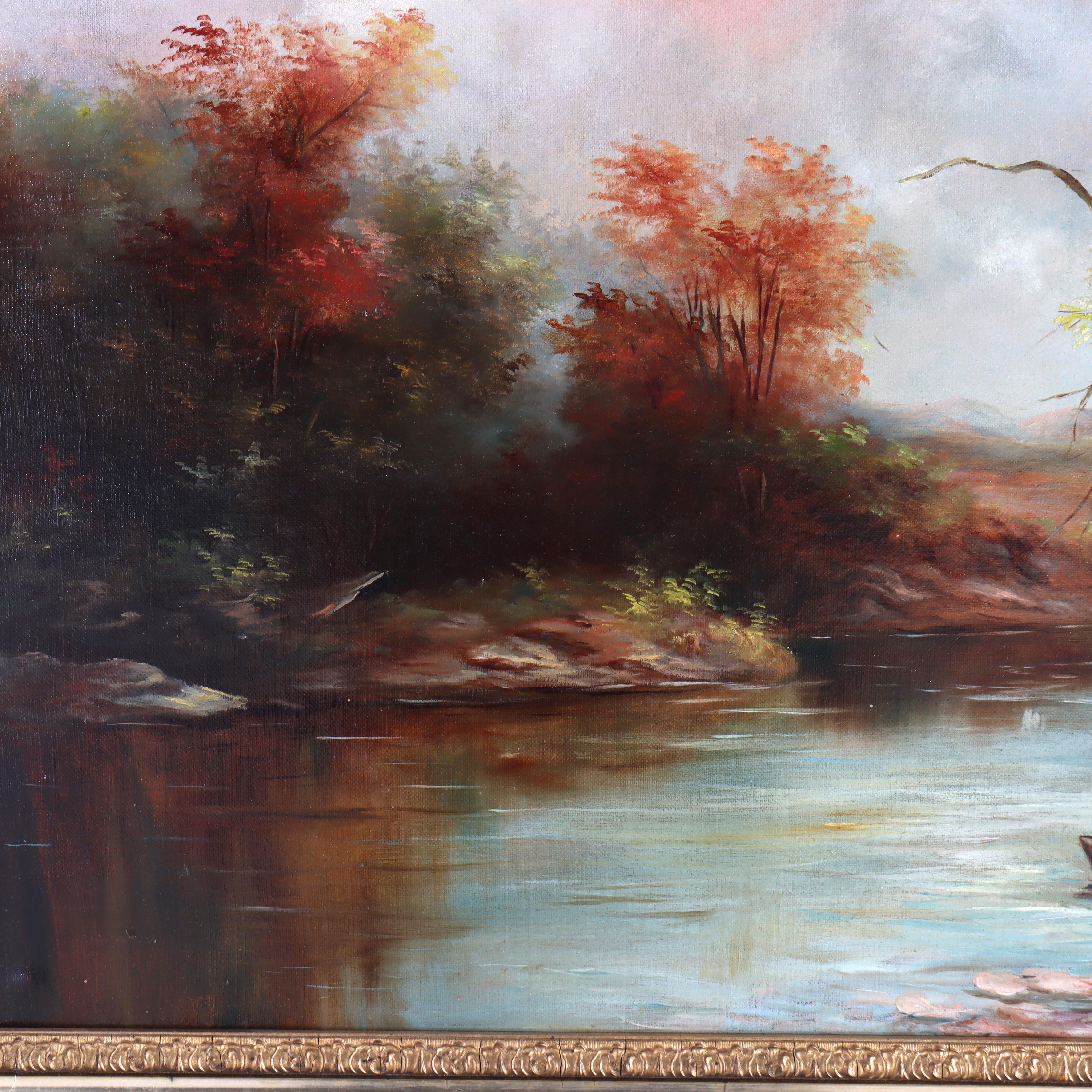 Antike Hudson River School Öl auf Leinwand Gemälde einer Fluss-Szene c1900 (20. Jahrhundert) im Angebot