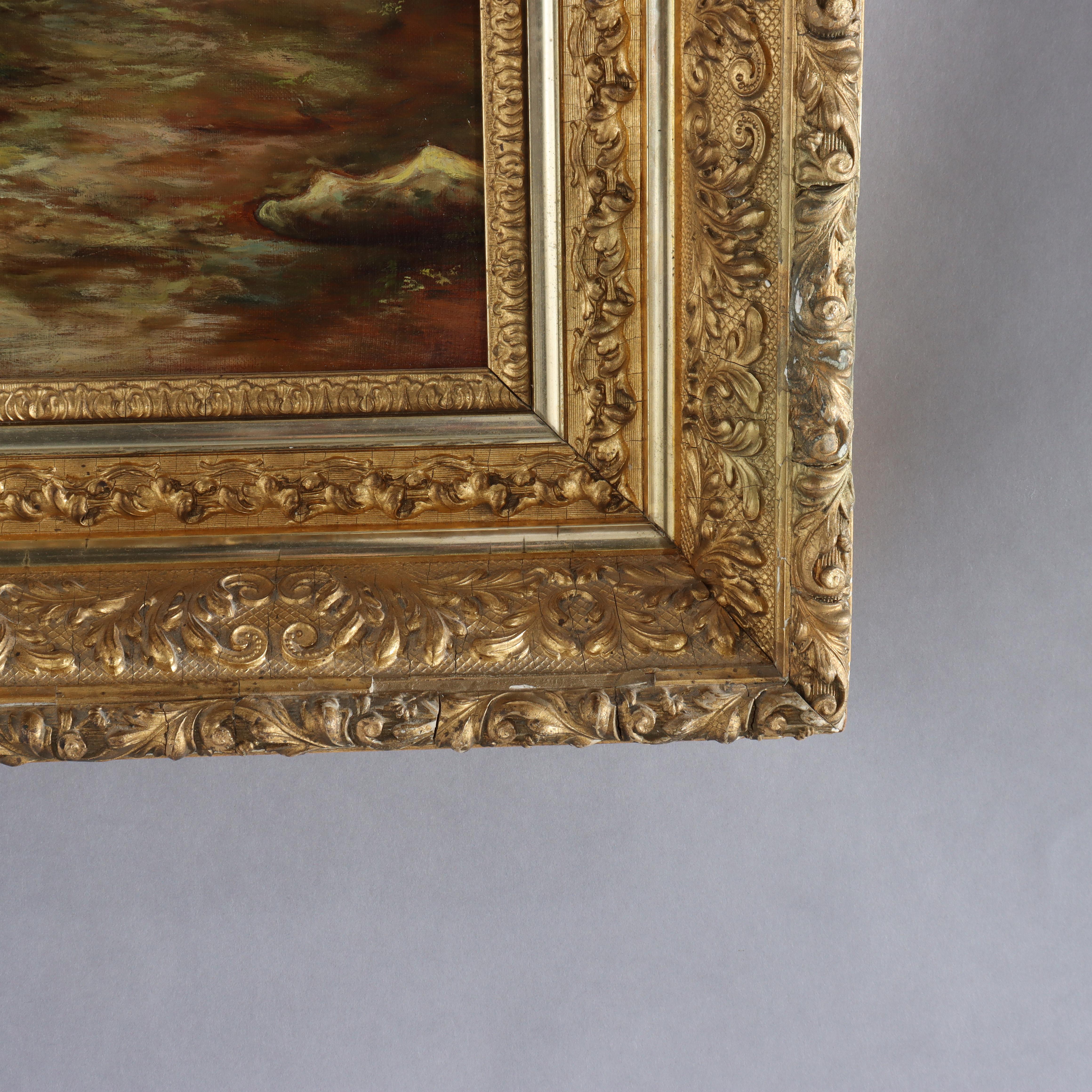 Antike Hudson River School Öl auf Leinwand Gemälde einer Fluss-Szene c1900 im Angebot 3