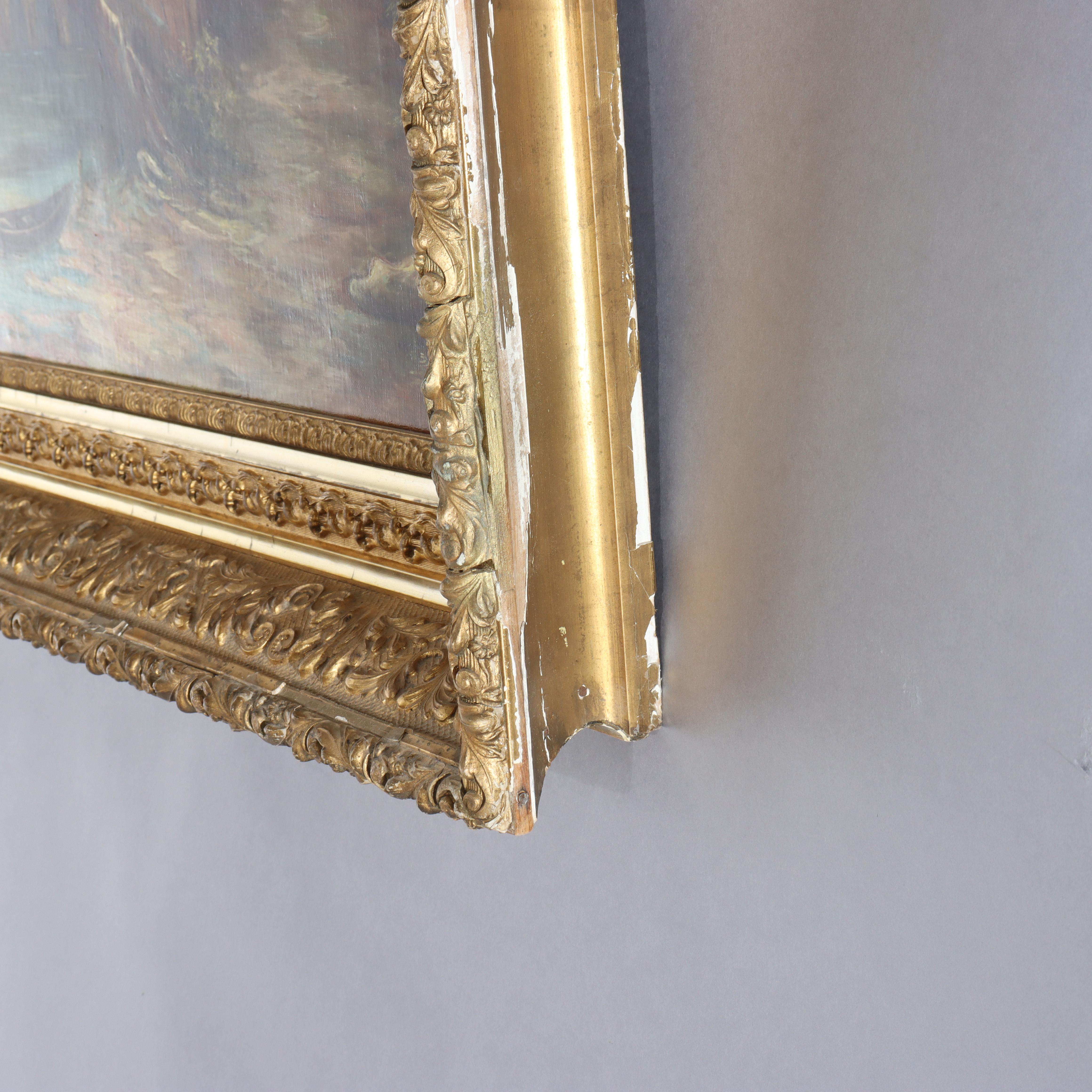 Antike Hudson River School Öl auf Leinwand Gemälde einer Fluss-Szene c1900 im Angebot 5