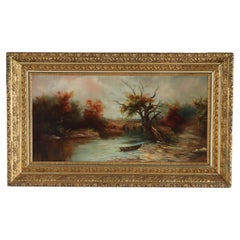 Antike Hudson River School Öl auf Leinwand Gemälde einer Fluss-Szene c1900