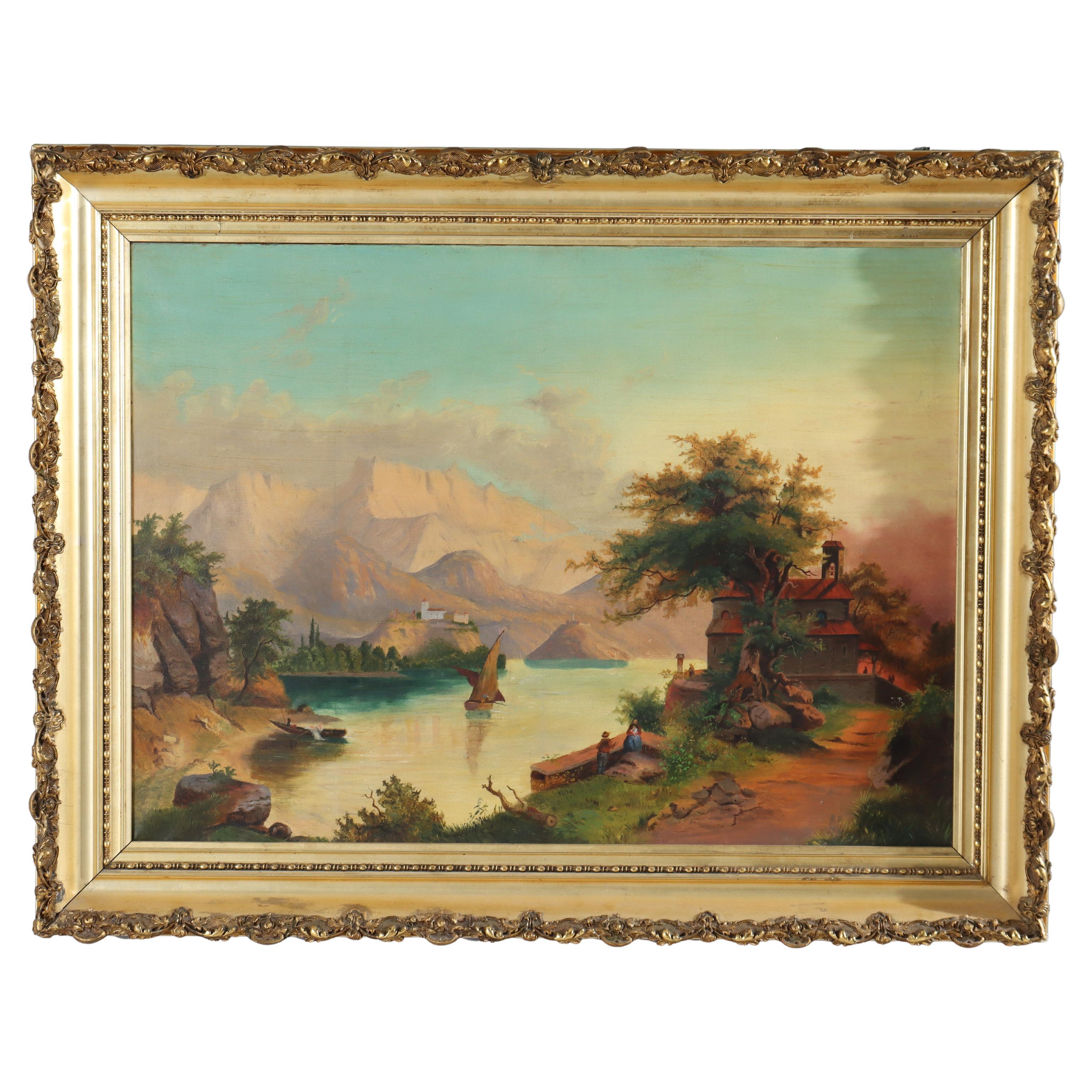 Ancienne peinture à l'huile sur toile de la Hudson River School représentant une scène fluviale vers 1900