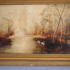 Antique Hudson River School Oil On Canvas Painting Of Marsh Scene C1890