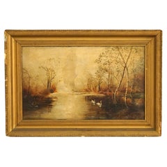 Antique Hudson River School Oil On Canvas Painting Of Marsh Scene C1890
