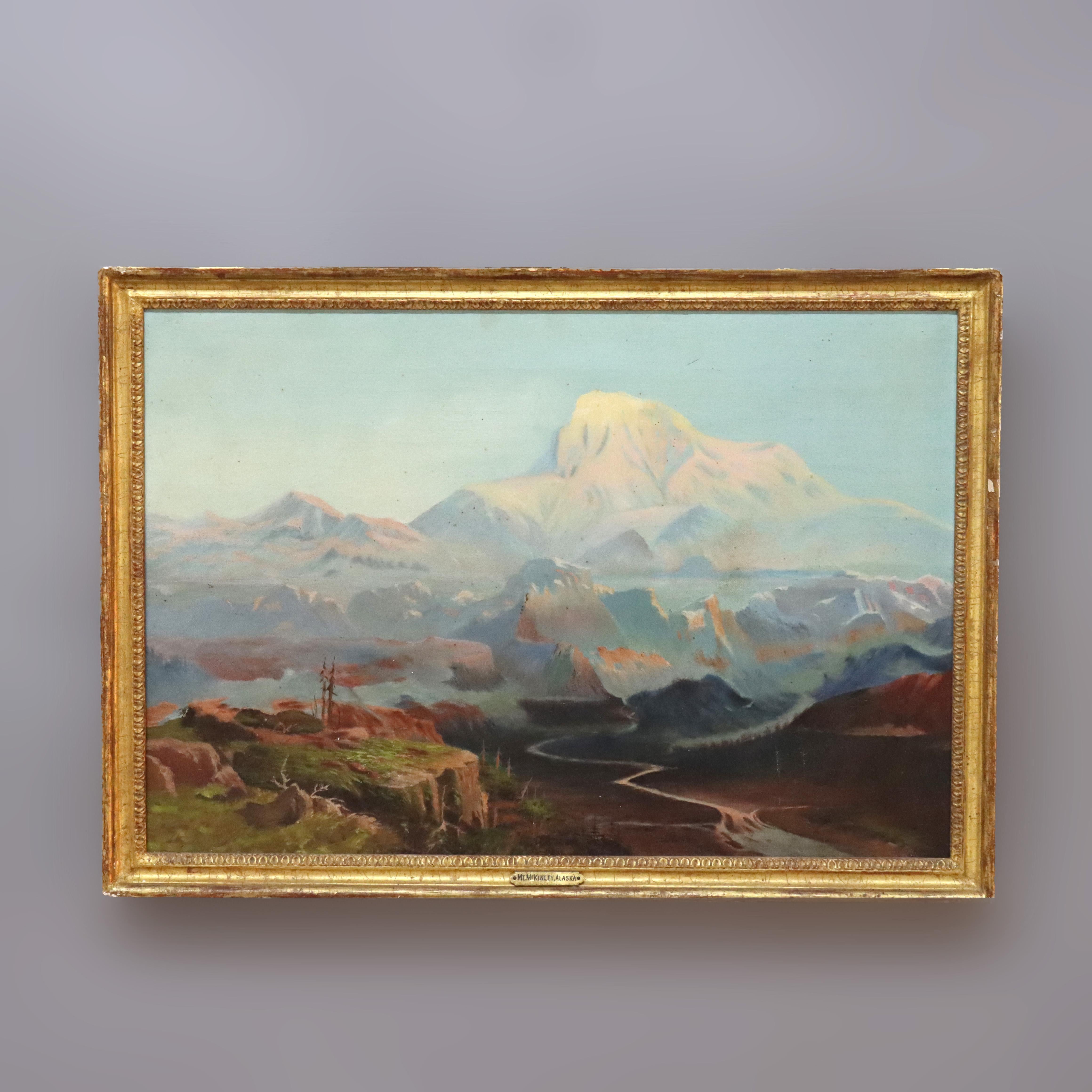 Antiguo cuadro al óleo sobre lienzo de la escuela del río Hudson sobre el monte McKinley, Alaska c1920 en Bueno Estado en Big Flats, NY