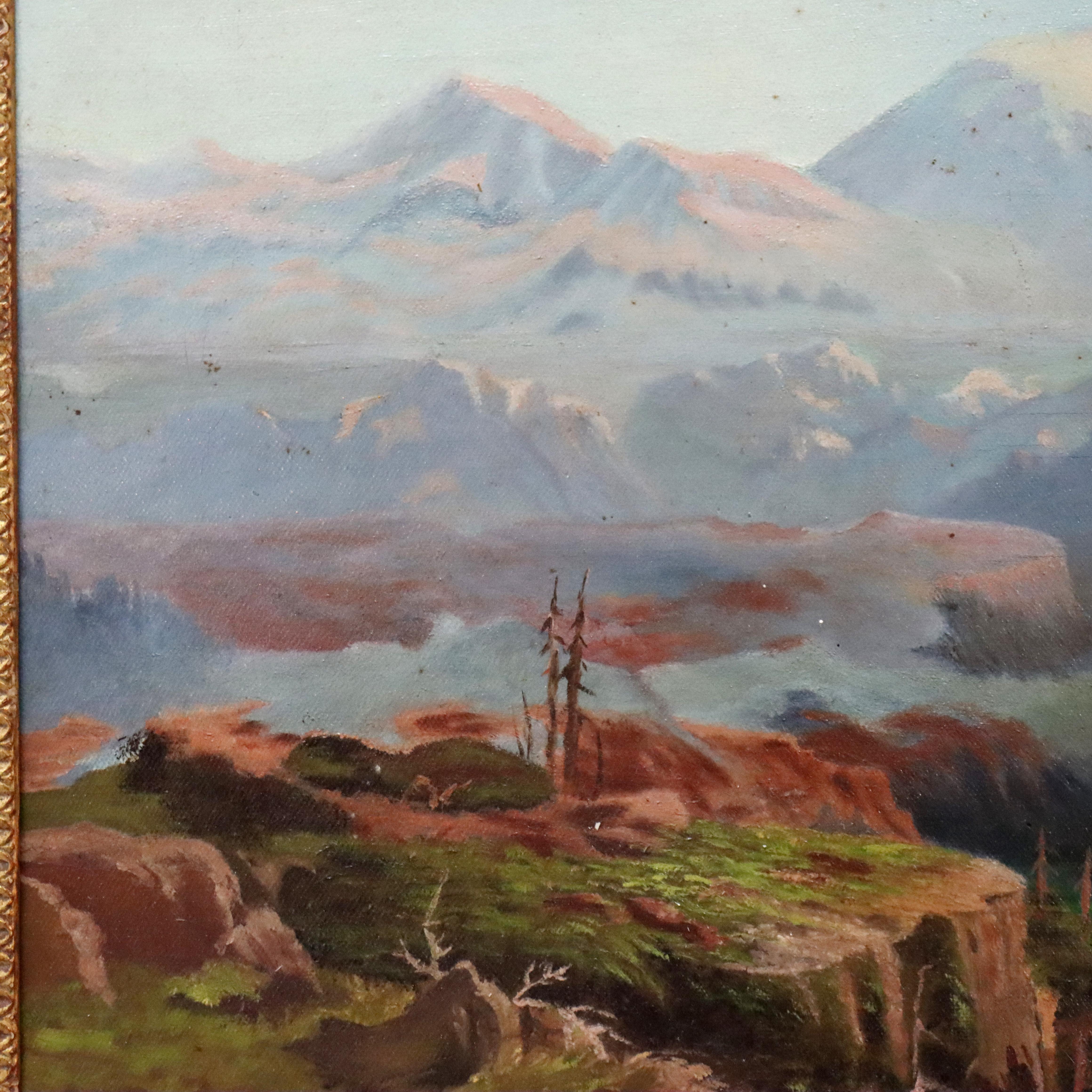 Antiguo cuadro al óleo sobre lienzo de la escuela del río Hudson sobre el monte McKinley, Alaska c1920 2