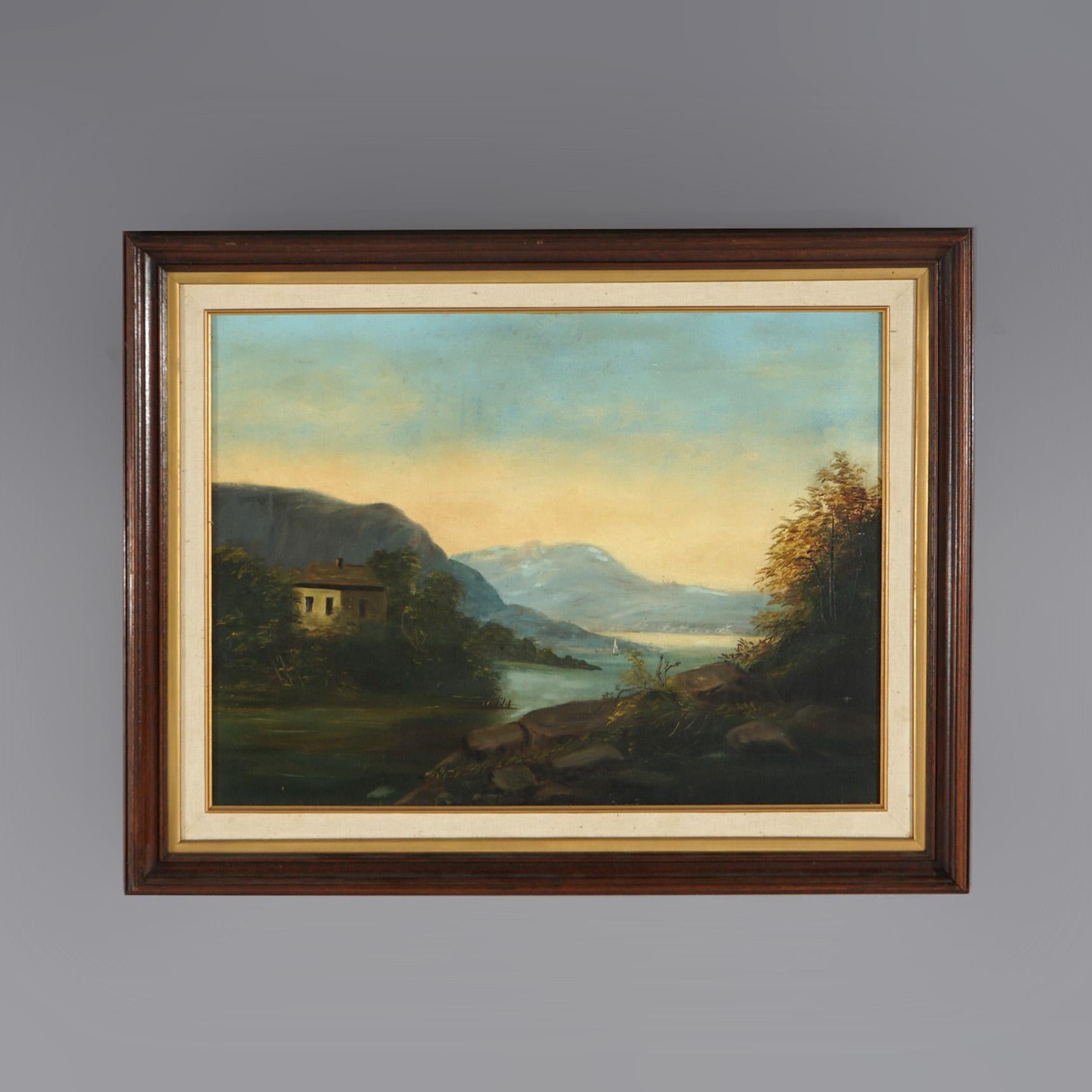 Antico dipinto di paesaggio su tela della Scuola del fiume Hudson, Paesaggio fluviale con struttura; incorniciato; C1890

Misure - 23,75 