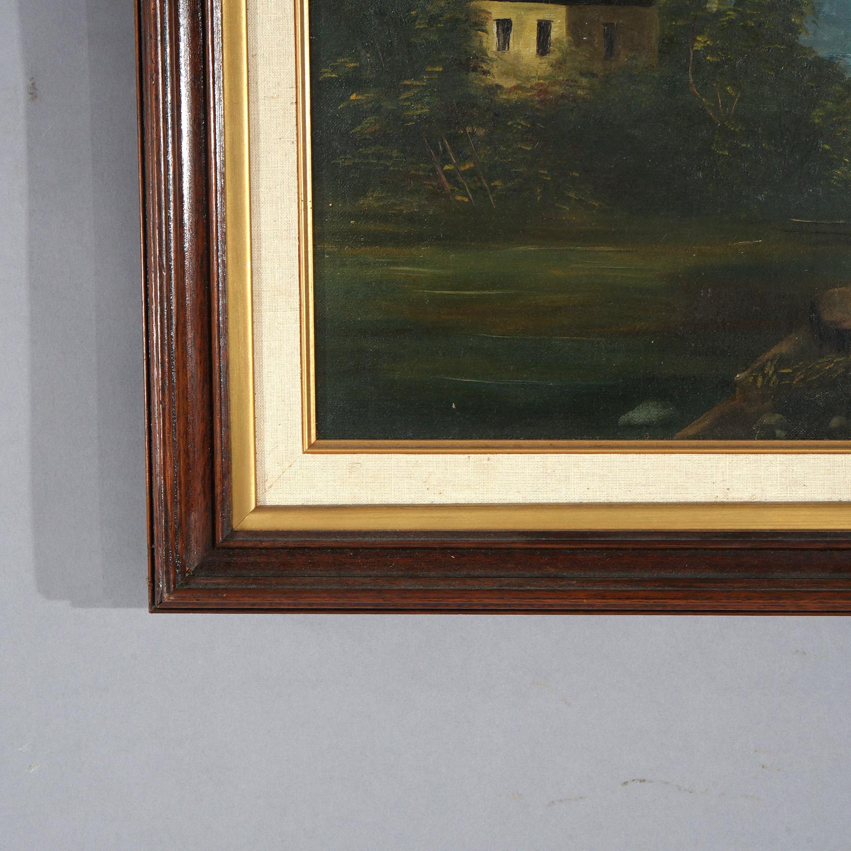 Dipinto a mano Antico olio su tela della Scuola del Fiume Hudson, paesaggio fluviale, C1890