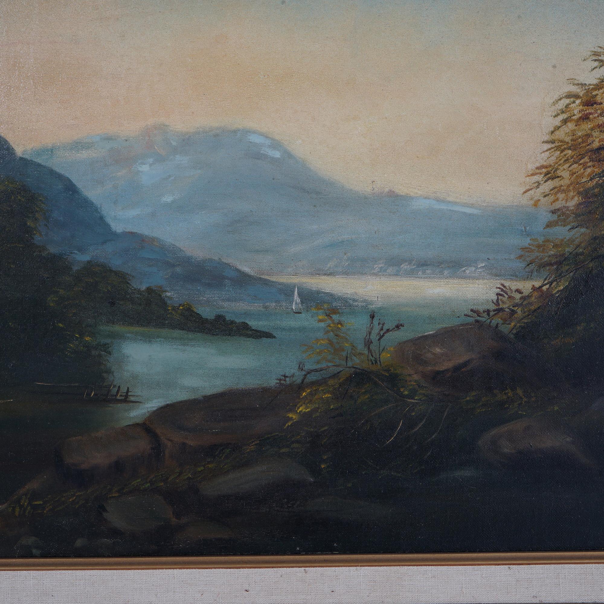 XIX secolo Antico olio su tela della Scuola del Fiume Hudson, paesaggio fluviale, C1890