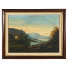 Antico olio su tela della Scuola del Fiume Hudson, paesaggio fluviale, C1890