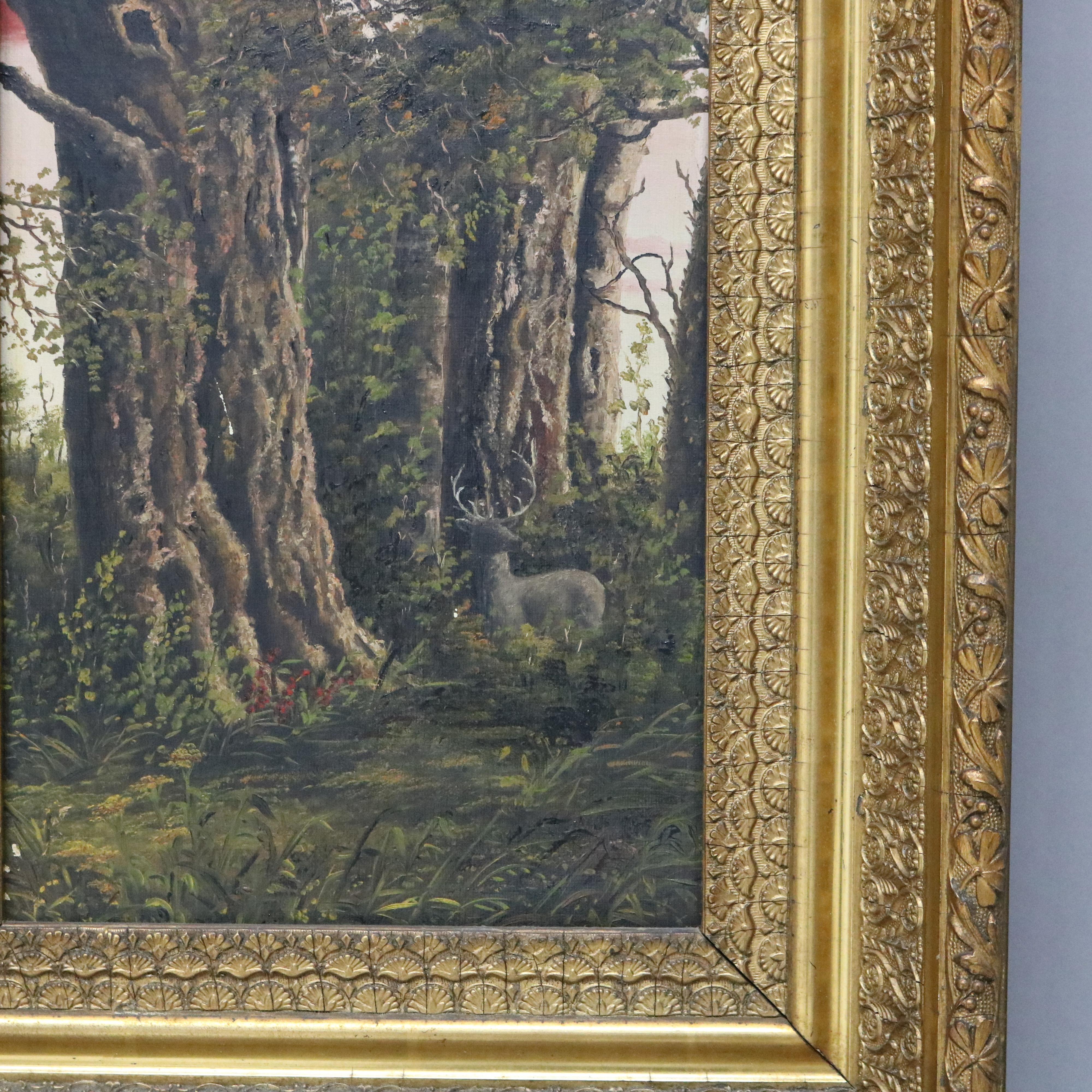 Antiguo Óleo sobre lienzo de la Escuela del Río Hudson Escena de paisaje arbolado C1890 en Bueno Estado en Big Flats, NY