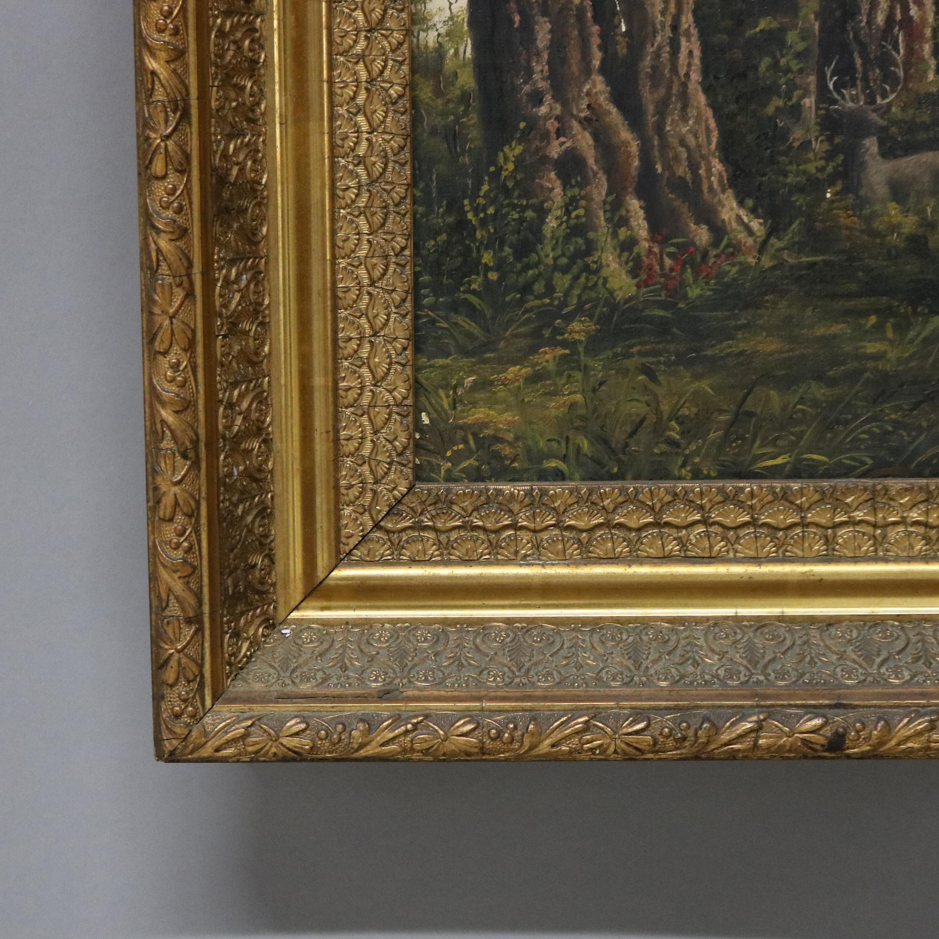 Antiguo Óleo sobre lienzo de la Escuela del Río Hudson Escena de paisaje arbolado C1890 Lienzo
