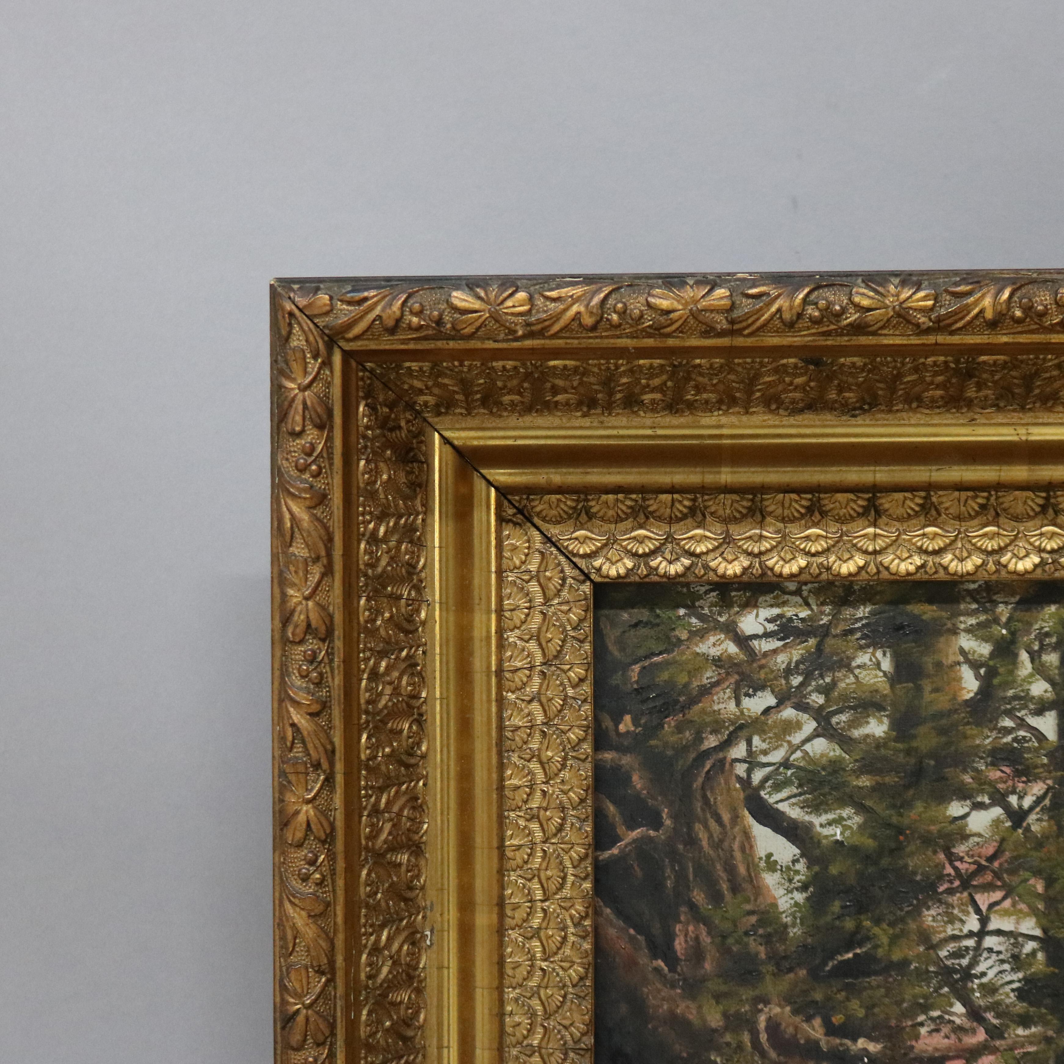 Antiguo Óleo sobre lienzo de la Escuela del Río Hudson Escena de paisaje arbolado C1890 1