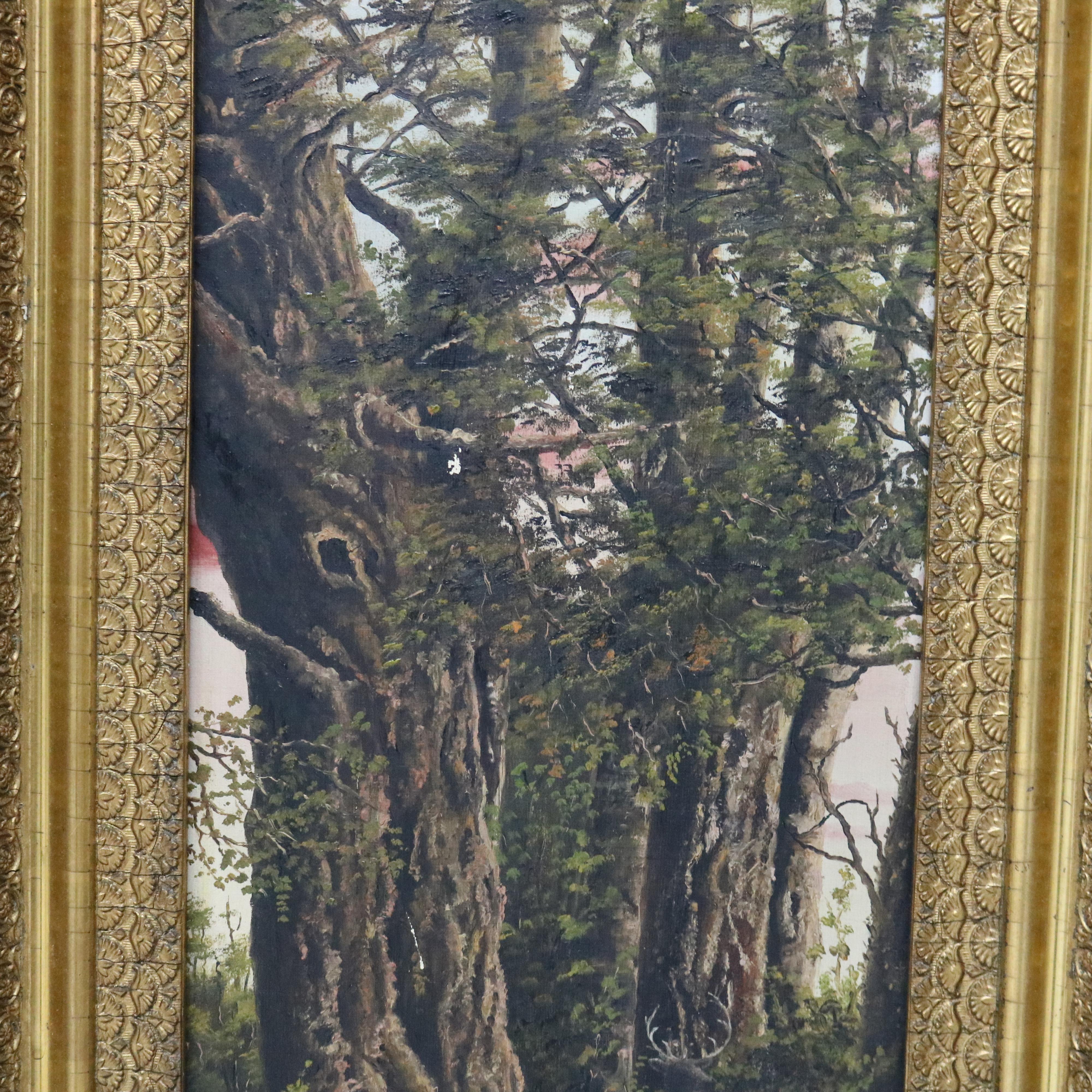 Antiguo Óleo sobre lienzo de la Escuela del Río Hudson Escena de paisaje arbolado C1890 3