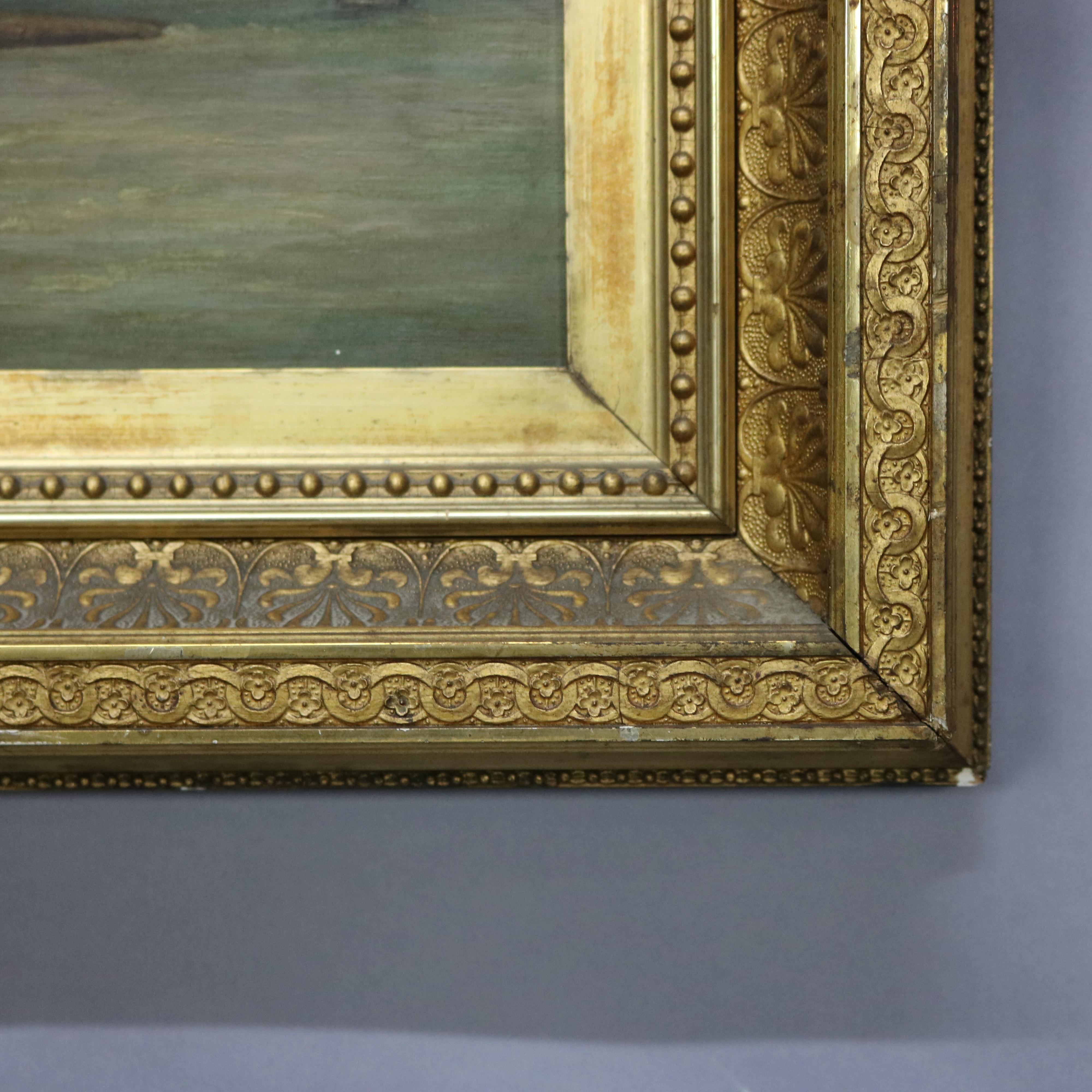 Antique Hudson River School Oil Painting of Waterfront Scene, Signed MLM, c1890 6