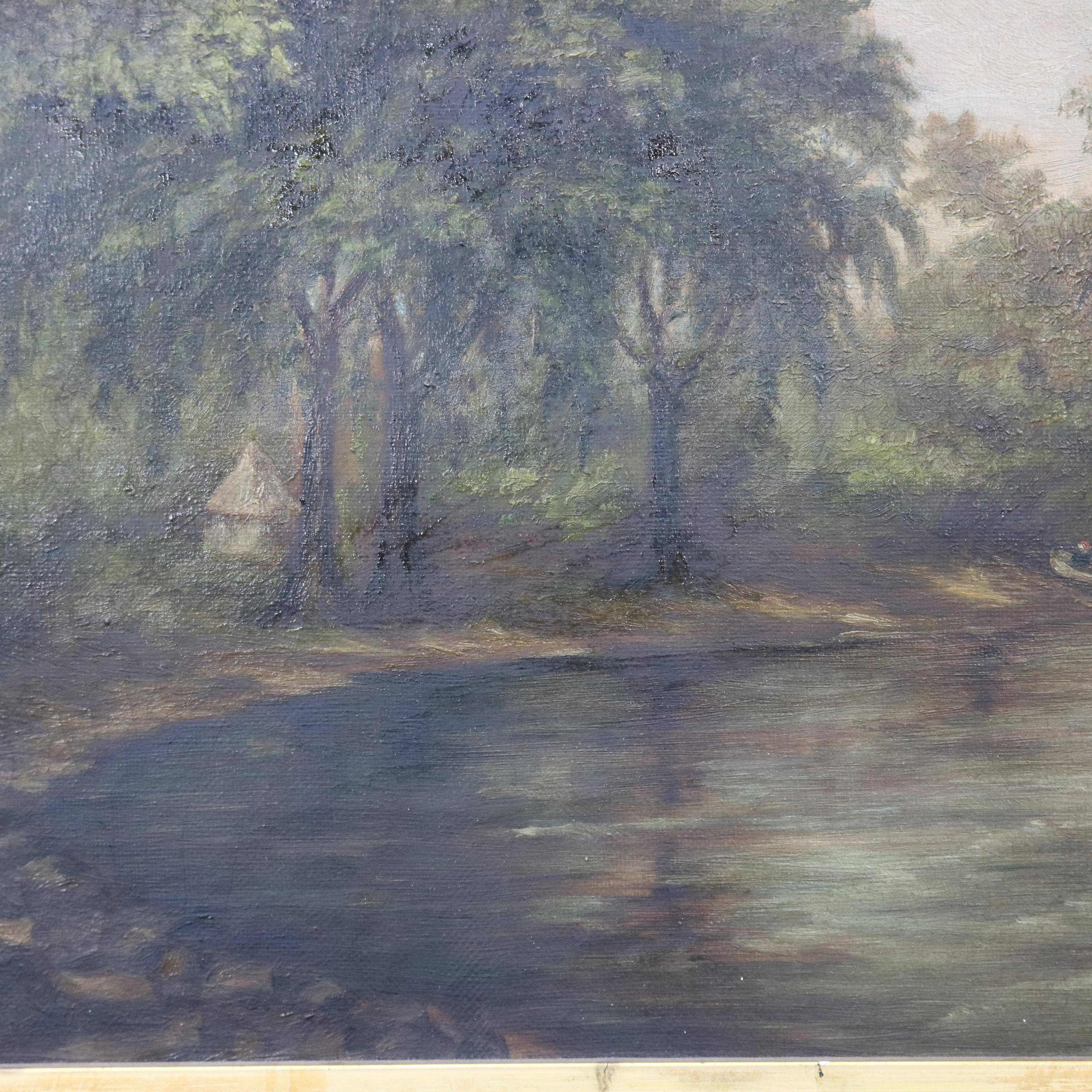 An antique Hudson River School oil painting on board depicts waterfront scene with boat, signed M.L.M., seated in giltwood frame, circa 1890.

Measures: Overall 16