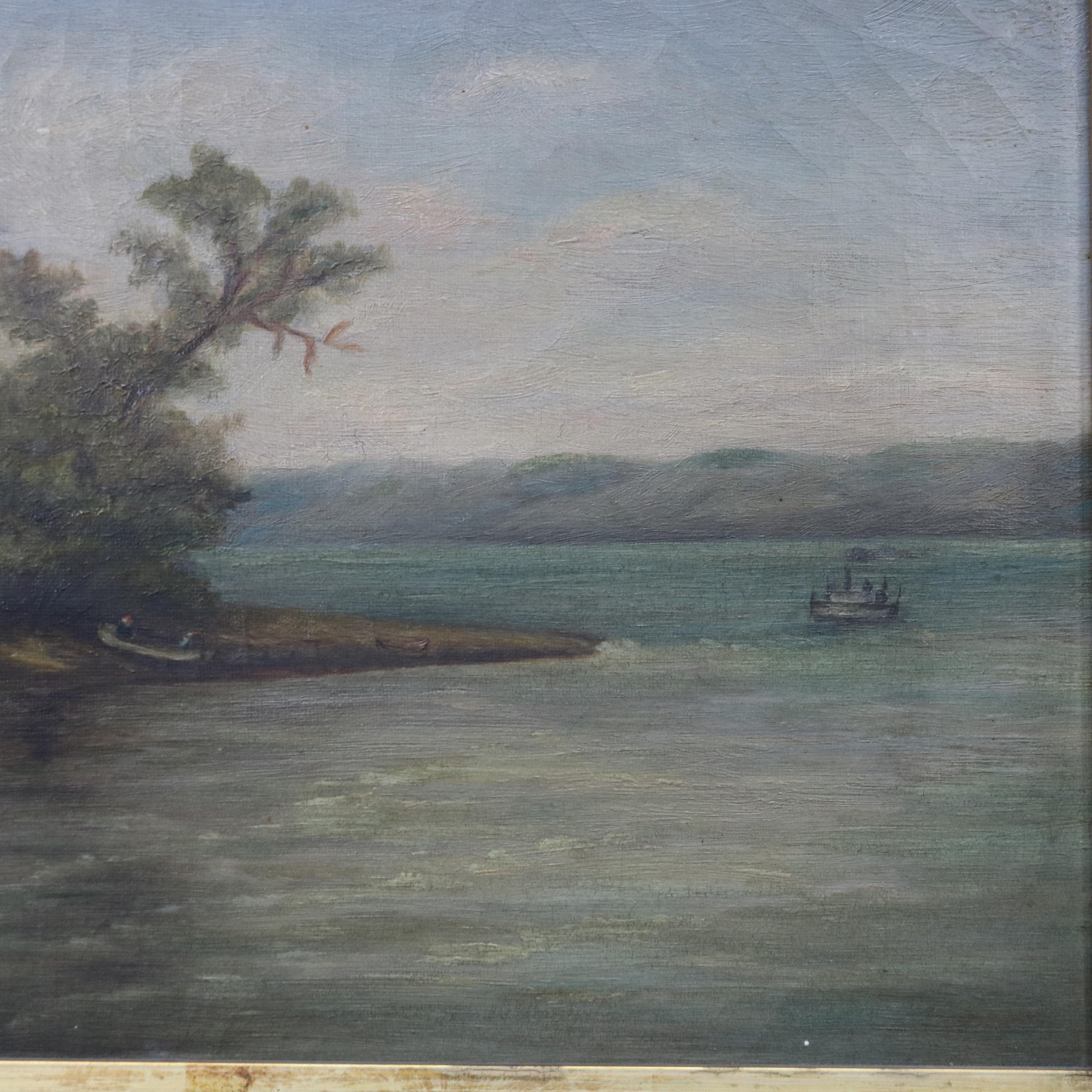American Antique Hudson River School Oil Painting of Waterfront Scene, Signed MLM, c1890
